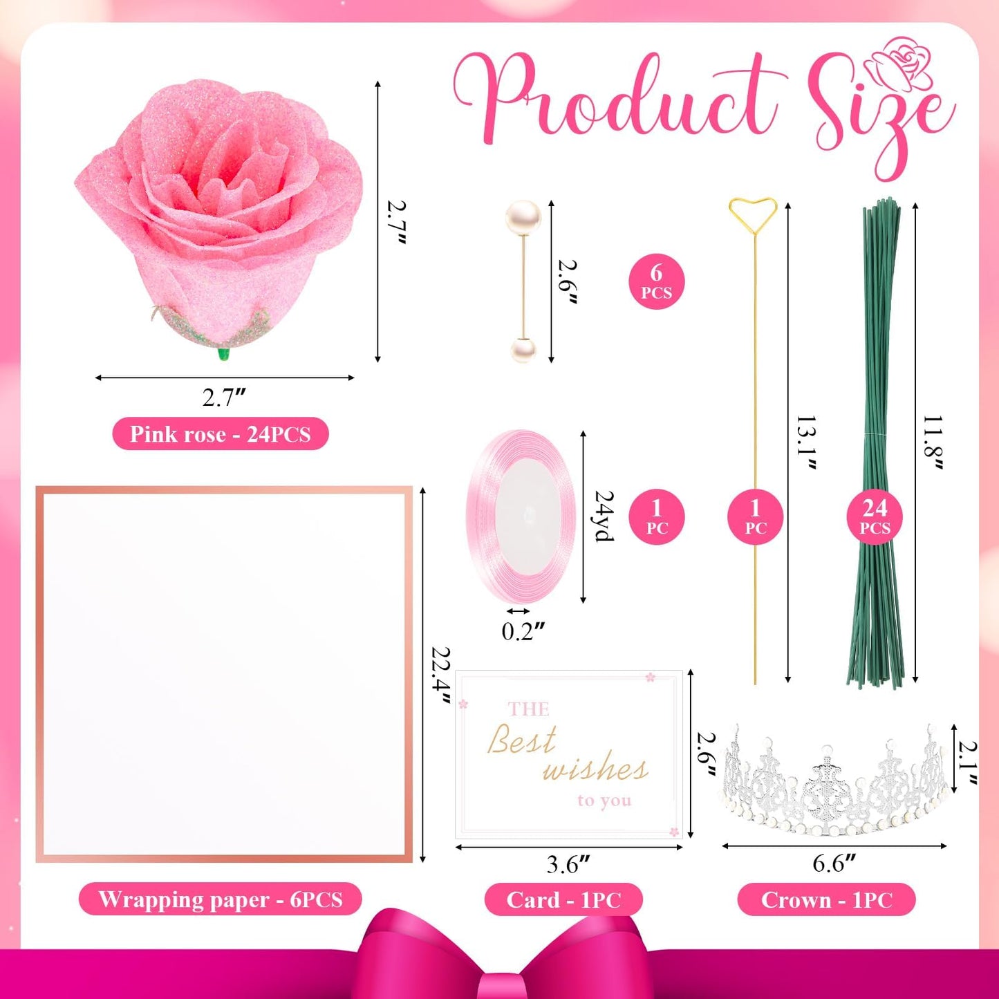 TLY Glitter Roses Bouquet,24 Pcs Pink Flower Bouquet,Birthday Gifts for Women,DIY Artificial Flowers for Mom Grandma Wife Girlfriend Mother's Day Graduation Anniversary Engagement Wedding