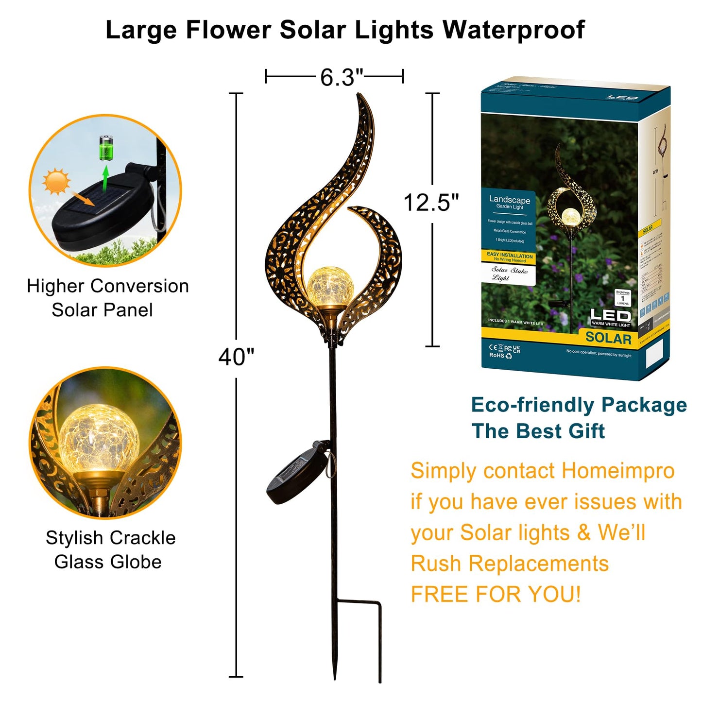 Outdoor Garden Gifts Solar Lights Stake Waterproof, Mothers Day Gifts Mom, Crackle Glass Metal Flower LED Yard Art Ornaments Lights for Pathway, Lawn or Courtyard, Birthday Gifts Women (Bronze)