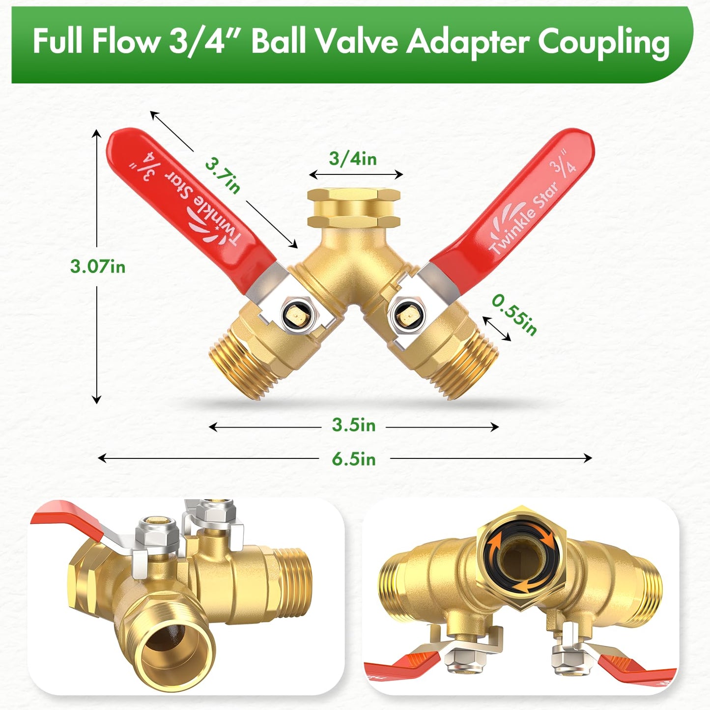 Hose Splitter 2 Way, Twinke Star Upgraded Heavy Duty Brass Garden Hose Splitter with Long Handle,3/4 Inch GHT Thread Y Connector Brass Garden Hose Adapter