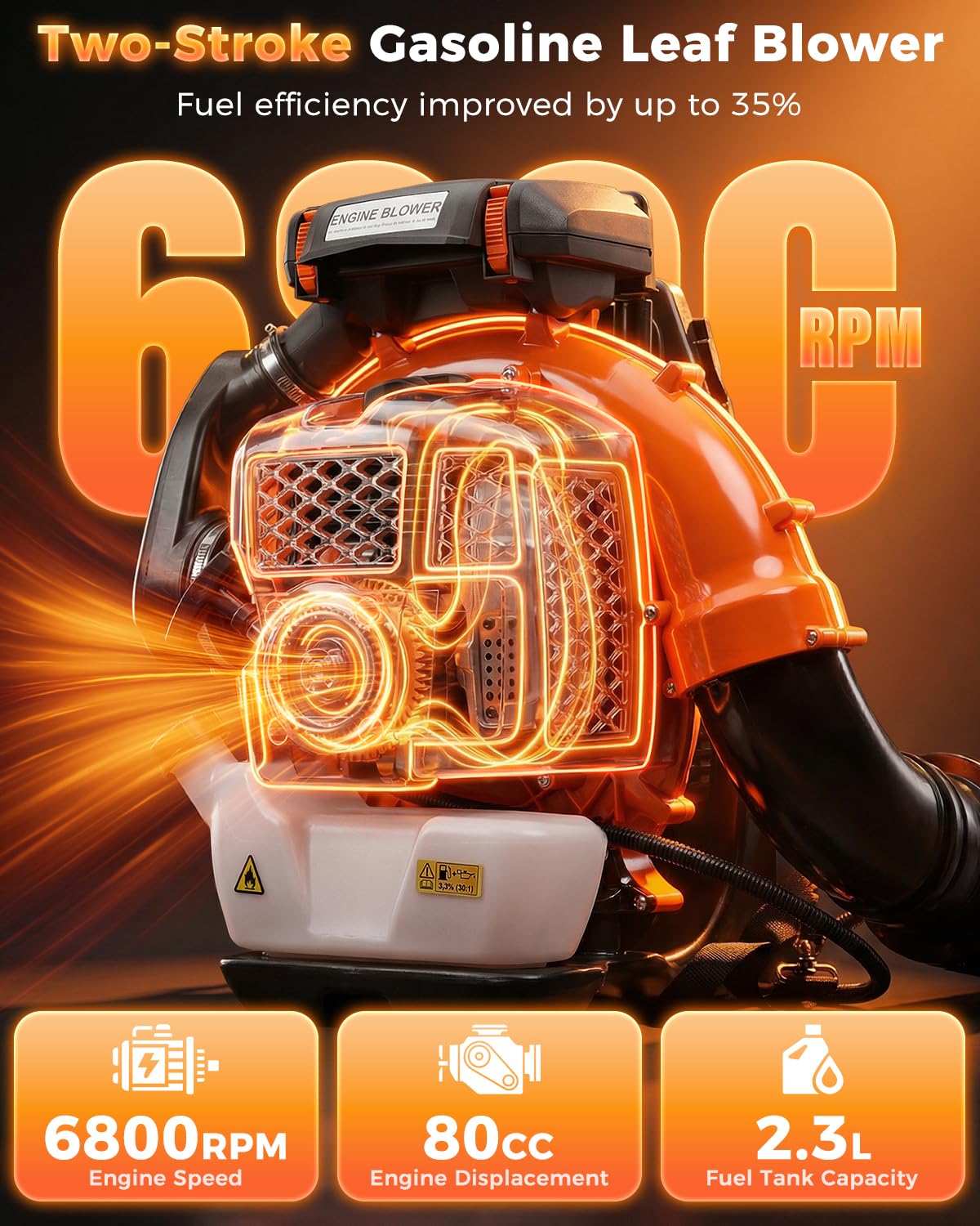 Getell 80cc Gas Backpack Leaf Blower, 900CFM 206MPH 2-Stroke Engine, Heavy-Duty Leaf & Snow Blower for Lawn, Garden & Commercial Use (Orange)