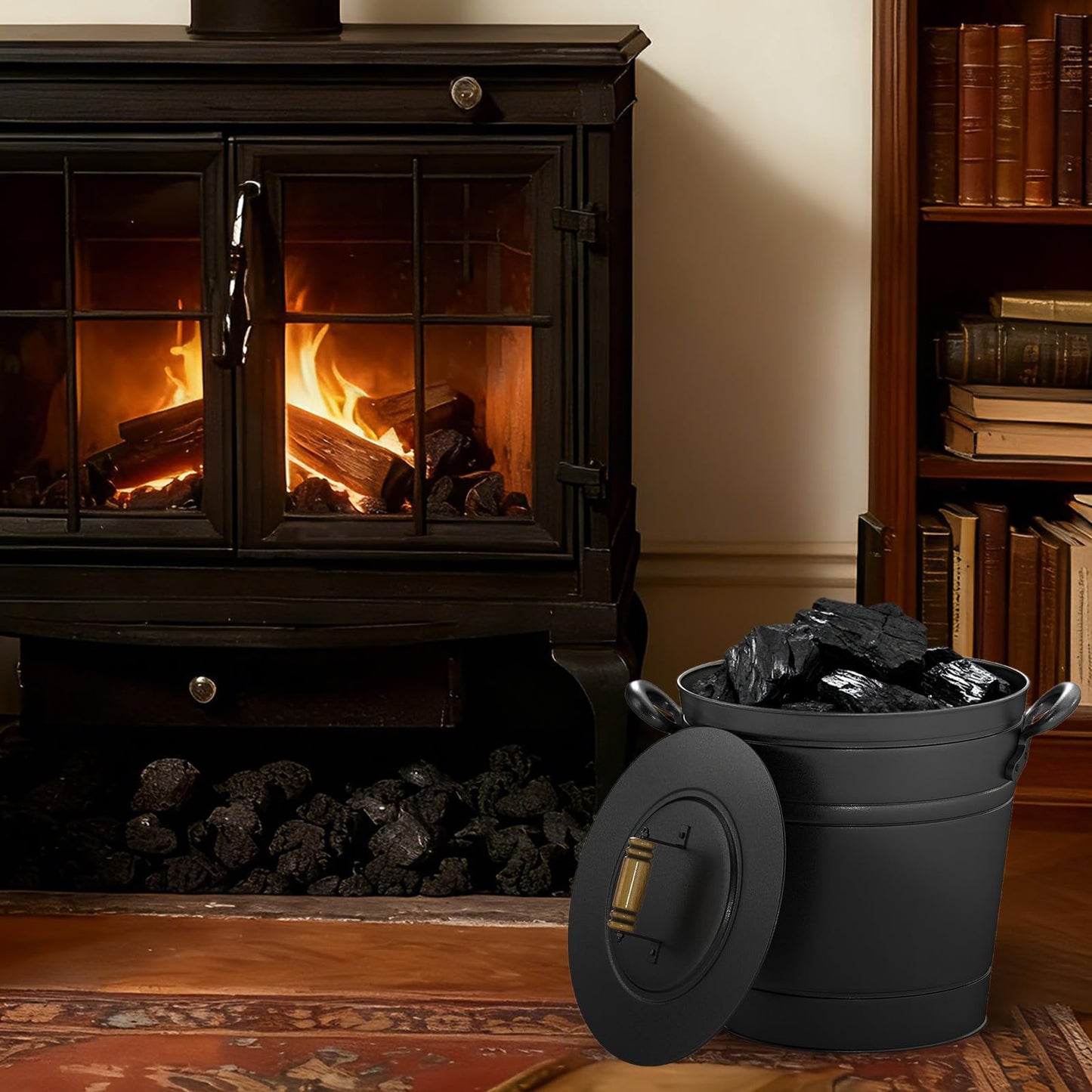 Tangkula 3 Gallon Ash Bucket with Lid, Galvanized Metal Coal Ash Cleaning Can w/Mango Wood Handle & Dual Side Handles, Indoor & Outdoor Fireplace Tool Ash Pail for Fire Pits Wood Burning Stoves