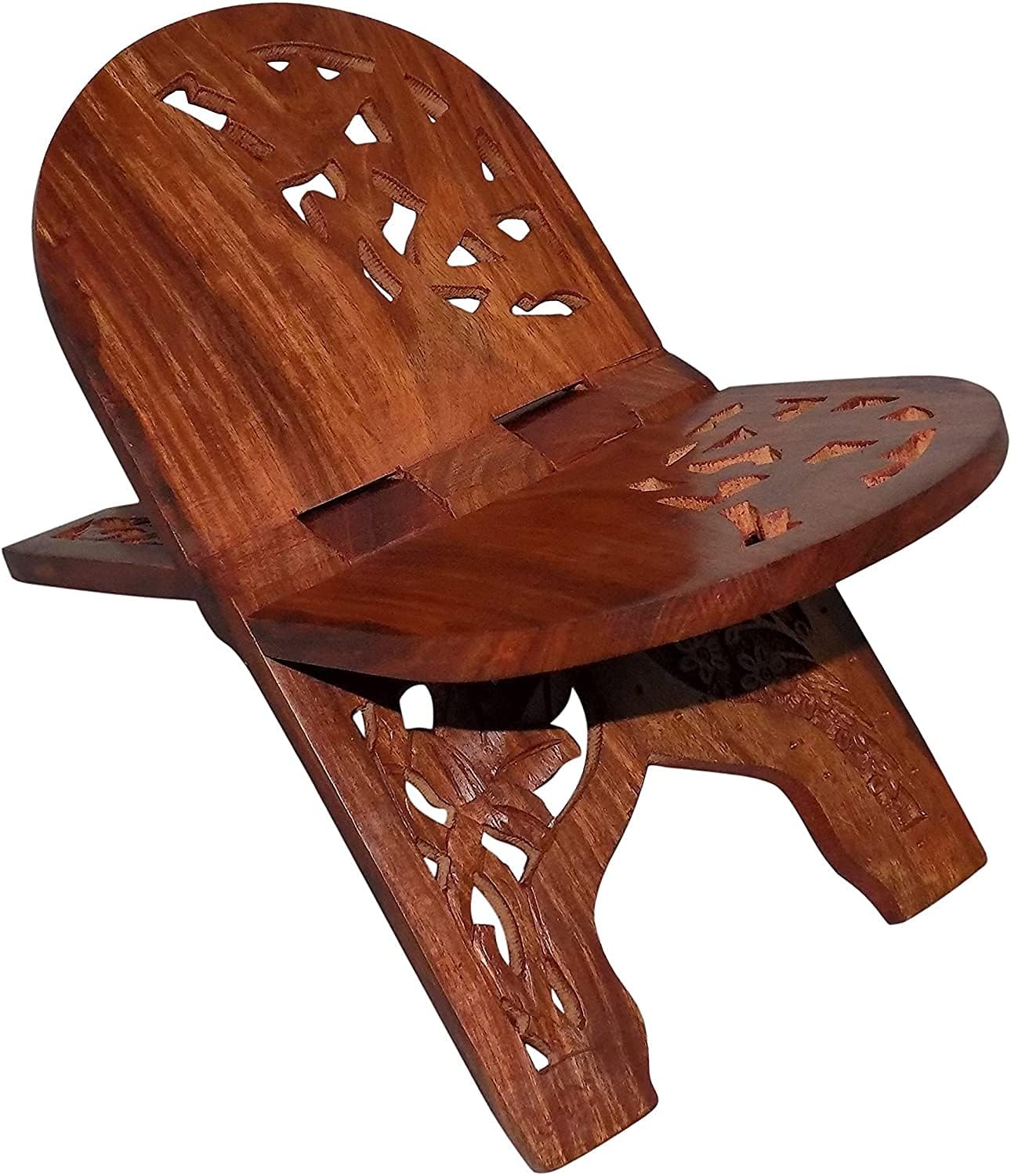 Rihal Rehal Handmade Wooden Quran Holder - Folding Book Reading Stand, Floral Design Curved Magazine Holder