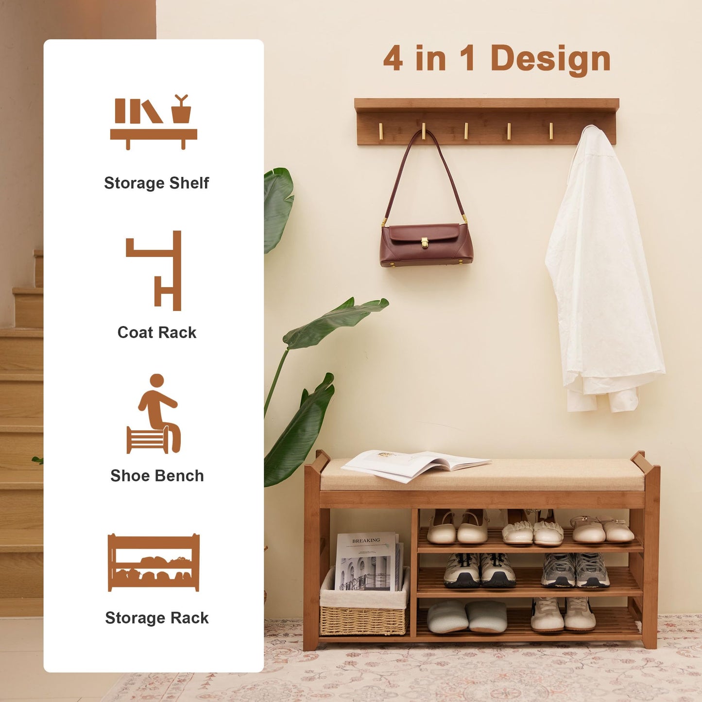 PETKABOO Hall Tree with Bench and Shoe Storage, Coat Rack Shoe Bench Set with Seat Cushion and 6 Hooks for Entryway, Hallway, Living Room and Bedroom