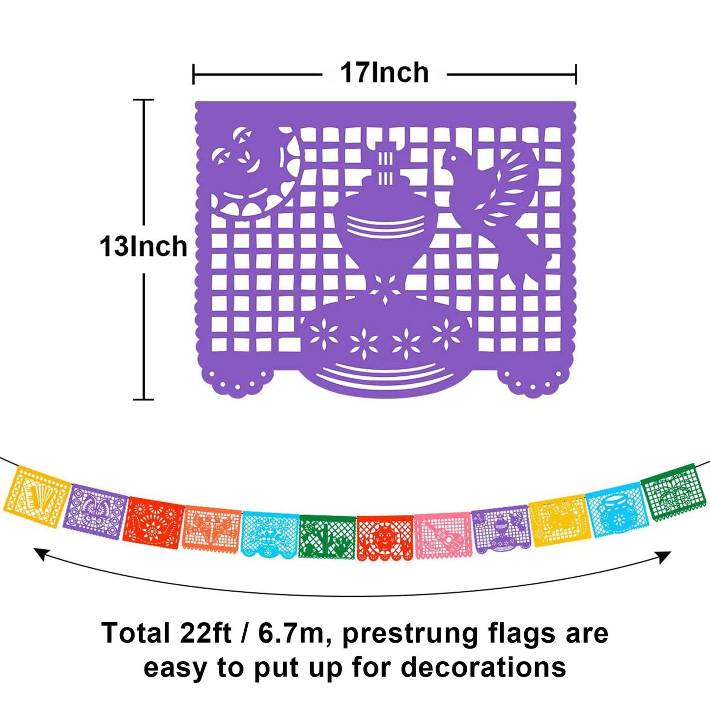 DUNCHATY 6 Pack Mexican Banner - 132Ft(22ft x 6) Papel Picado Fiesta Decorations Cinco de Mayo Día de Muertos Birthday Party Supplies - 12 Patterns with String Waterproof Plastic Indoor Outdoor