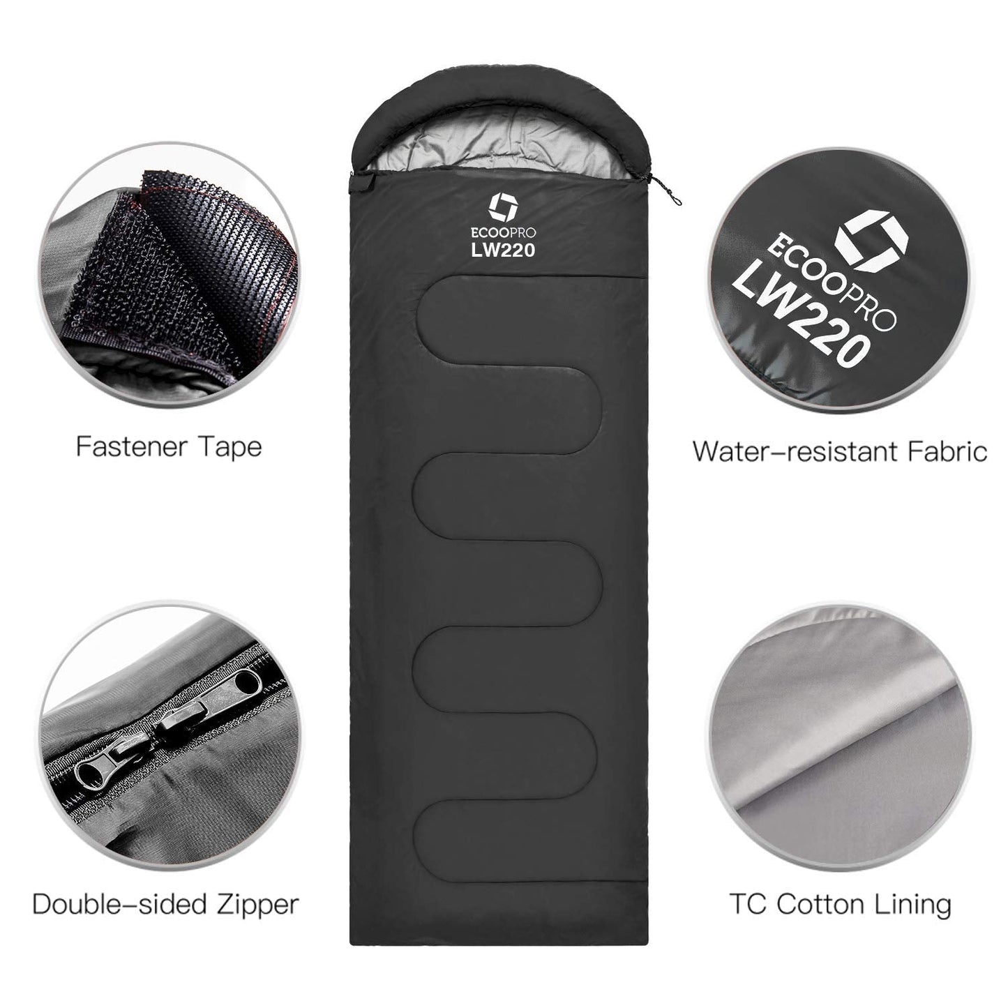 ECOOPRO Warm Weather Sleeping Bag - Portable, Waterproof, Compact Lightweight, Comfort with Compression Sack - Great for Outdoor Camping, Backpacking & Hiking-83 L x 30" W Fits Adults (B-Black)