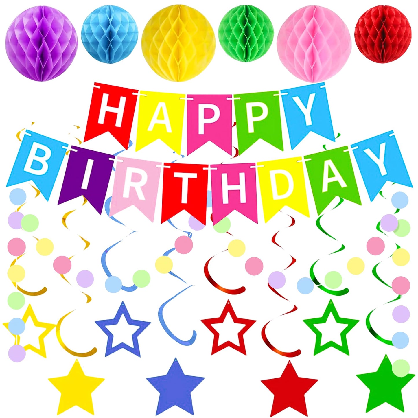 XXFBJNMD Colorful Birthday Banner with Honeycomb Balls, Stars, Swirl Streamers, Circle Dots Garland for Birthday Party
