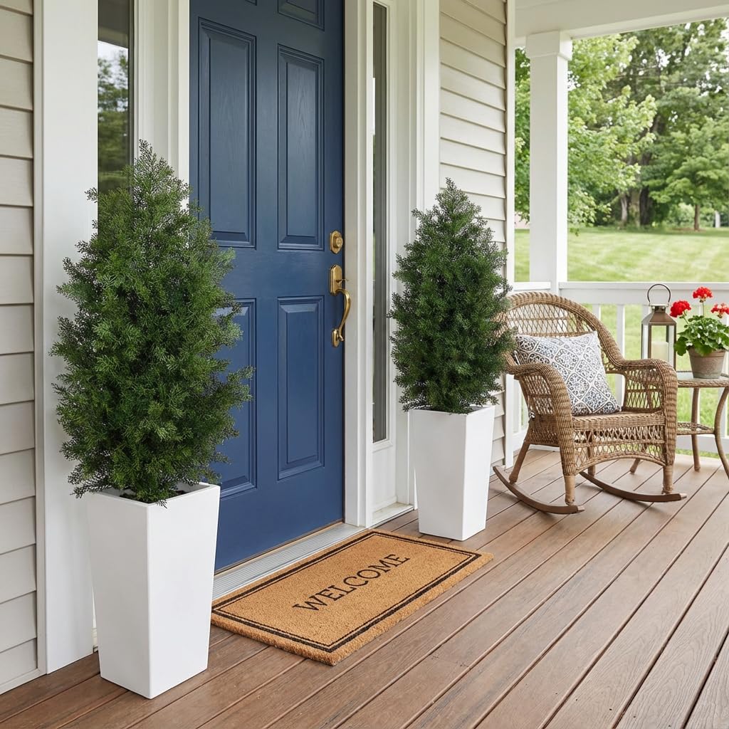 Aveyas 4ft Artificial Cedar Topiary Trees, 4 Feet Faux Potted Plants Evergreen Fake Pine Cypress Tree for Outdoor Porch Home Outside Door Decor (4 ft Tall Including Raised Pot) - Set of 2 Pack