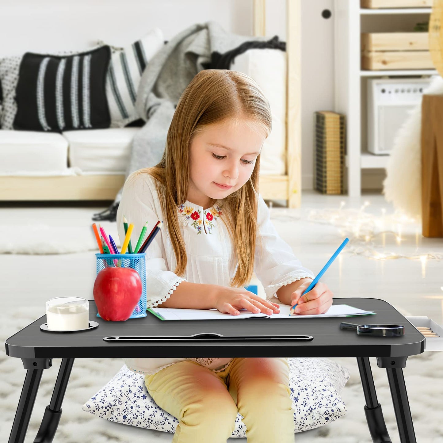 Zapuno Foldable Laptop Bed Table Multi-Function Lap Serving Tray Dining Table with Storage Drawer and Water Bottle Holder, Slot for Eating, Working on Couch/Sofa (Arc Shape)