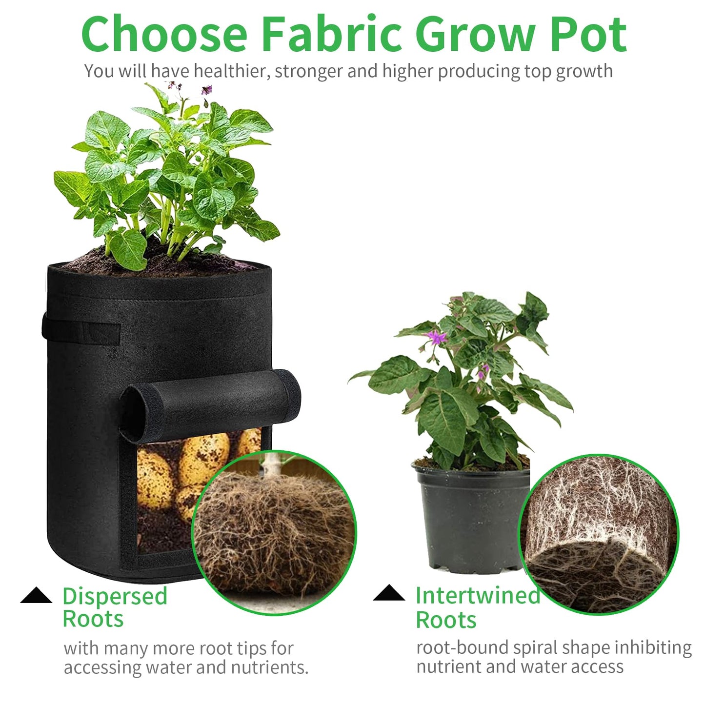 JJGoo 4 Pack Potato Grow Bags 10 Gallon with Flap, Heavy Duty Fabric with Handle and Harvest Window, Non-Woven Planter Pot Plant Garden Bags to Grow Vegetables Tomato, Black