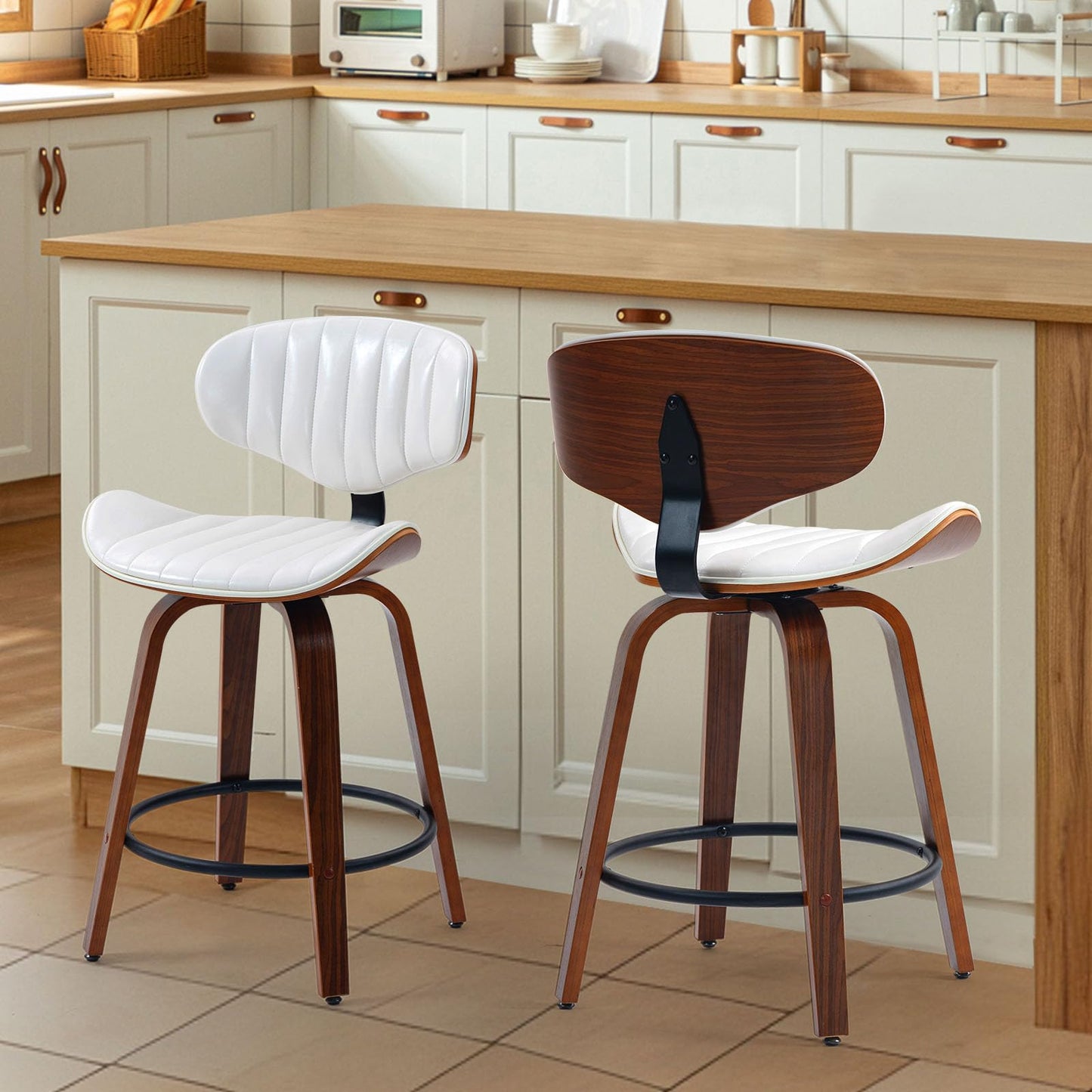 CHIDOCHILO Counter Height Bar Stools Set of 2, 24 inch PU Leather Wooden Bentwood Barstools Swivel Modern Breakfast Bar Chairs with Backrest and Footrest for Kitchen Island, Dining Room D035-White-2