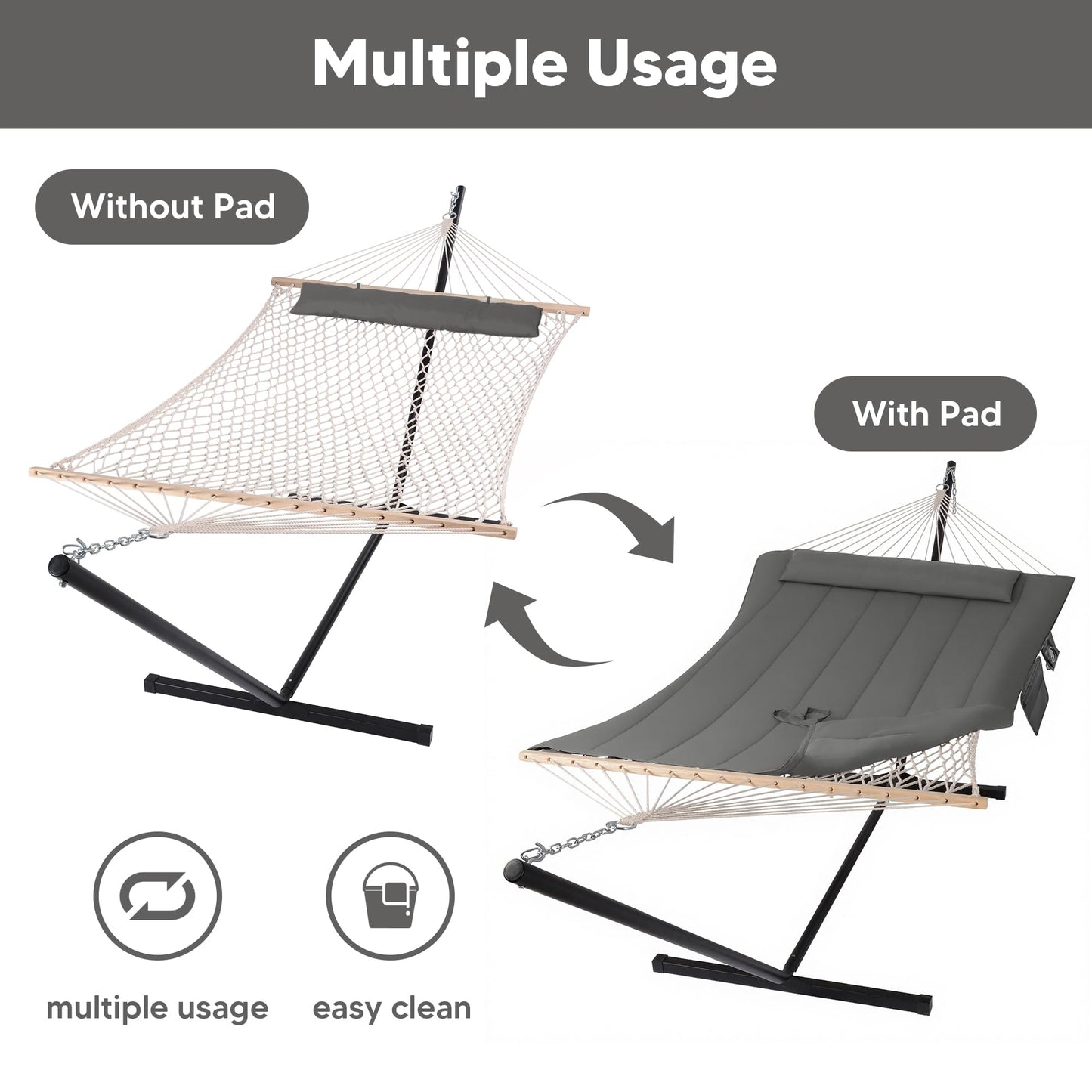 SUNCREAT Double Outdoor Hammock with Stand, Two Person Cotton Rope Hammock with Polyester Pad, Dark Gray