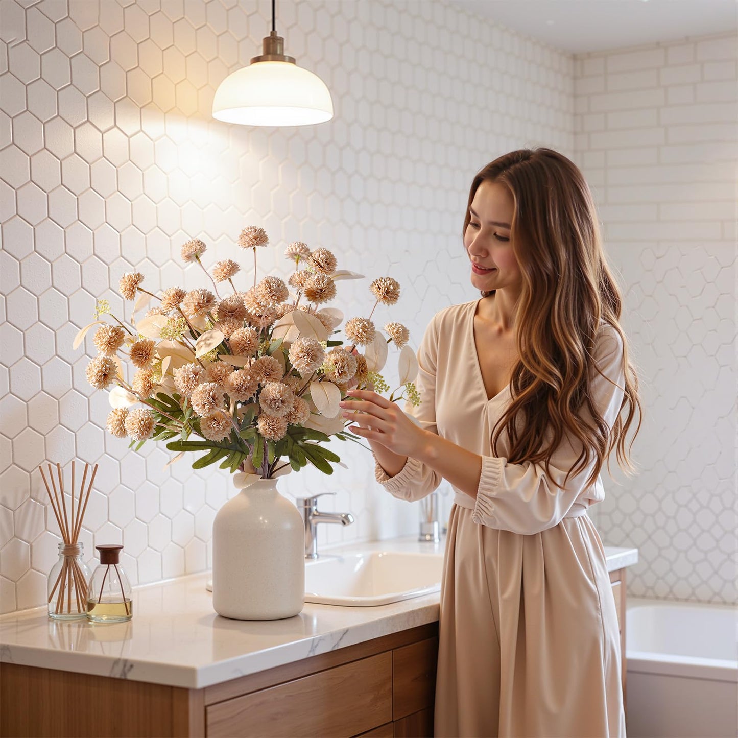 Alupssuc 16PCS Faux Silk Pompon Mums Artificial Flowers with Eucalyptus, Fake Chrysanthemum Floral for DIY Vase Arrangement, Long Stem Dining Table Centerpiece Home Decor, Beige