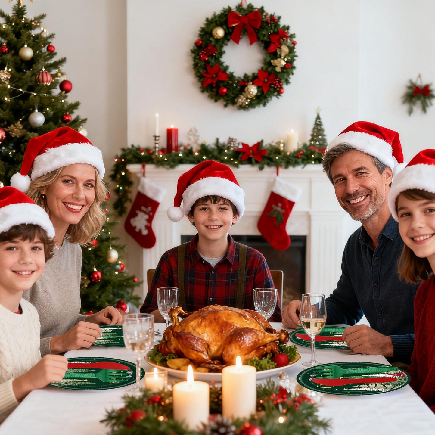 102 Pcs Christmas Tree Paper Plates and Napkins Party Decorations Merry Christmas Banner Disposable Tablecloth Dinnerware Set Red and Green Xmas Tree Party Supplies Winter Snowflake Holiday Ornament