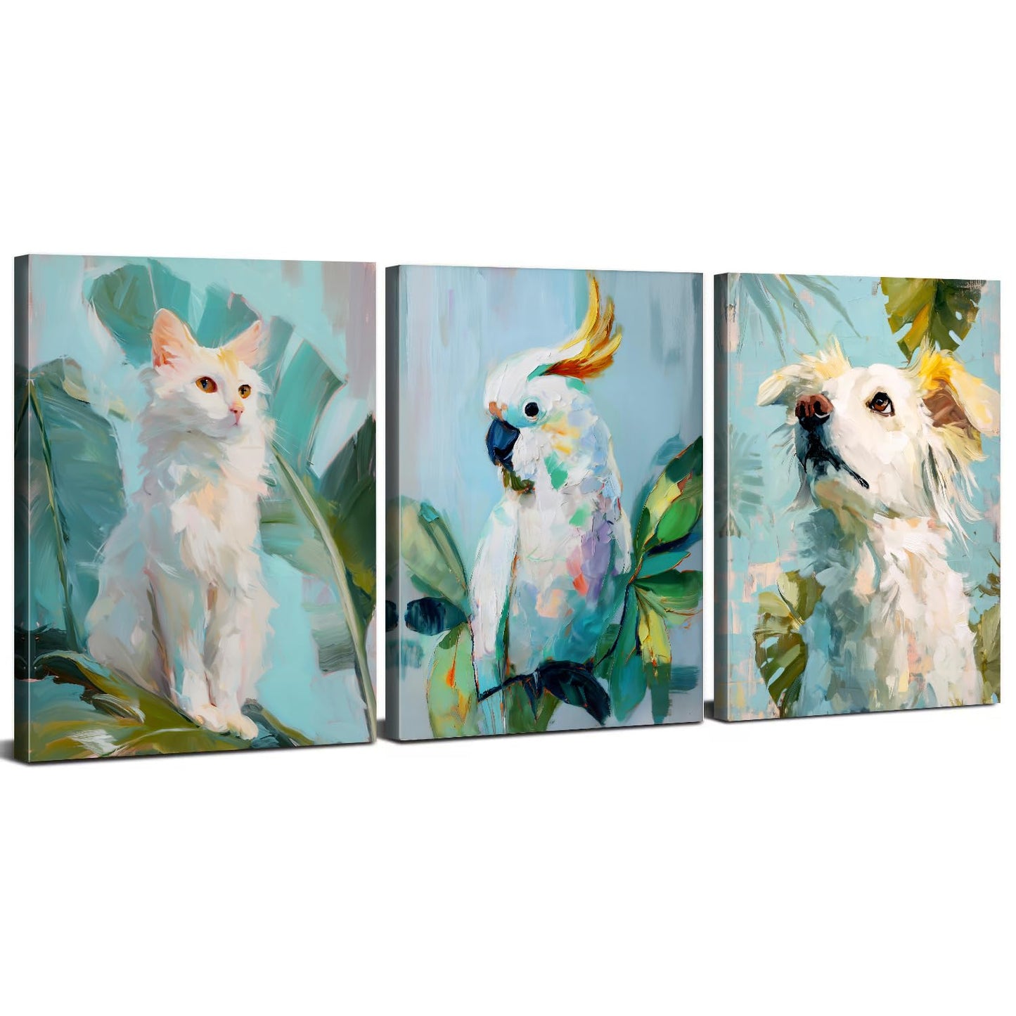 Family Pets Wall Art Cute Abstract Animal Wall Decor for Bedroom Nursery Cat Parrot Dog Pictures Boho Tropical Botanical Leaves Canvas Painting Modern Artwork Living Room Bathroom Decoration 12x16" 3P