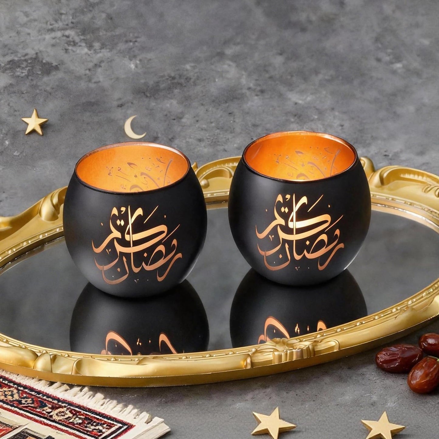 Eid Mubarak Decorations Indoor, Arabic Calligraphy 4 Pcs Laser Etched Glass Tealight Candle Holders, Ramadan Kareem & Ramadan Mubarak Votive Holders for Table Decor, Islamic Gifts