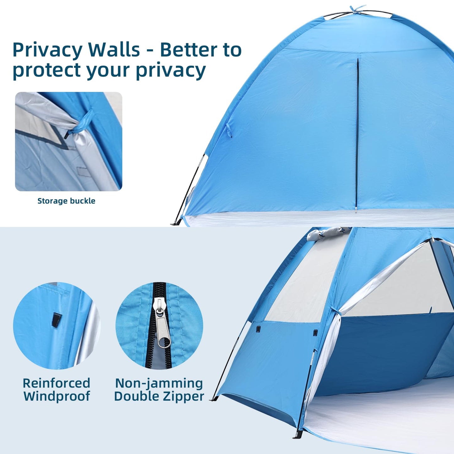 COVACURE 2026 New Upgraded Beach Tent Sun Shelter for 3-4 Person - UPF 50+ UV Protection Beach Shade, Waterproof & Lightweight, Easy Setup Portable Sun Canopy for Camping, Fishing, Beach(Blue)
