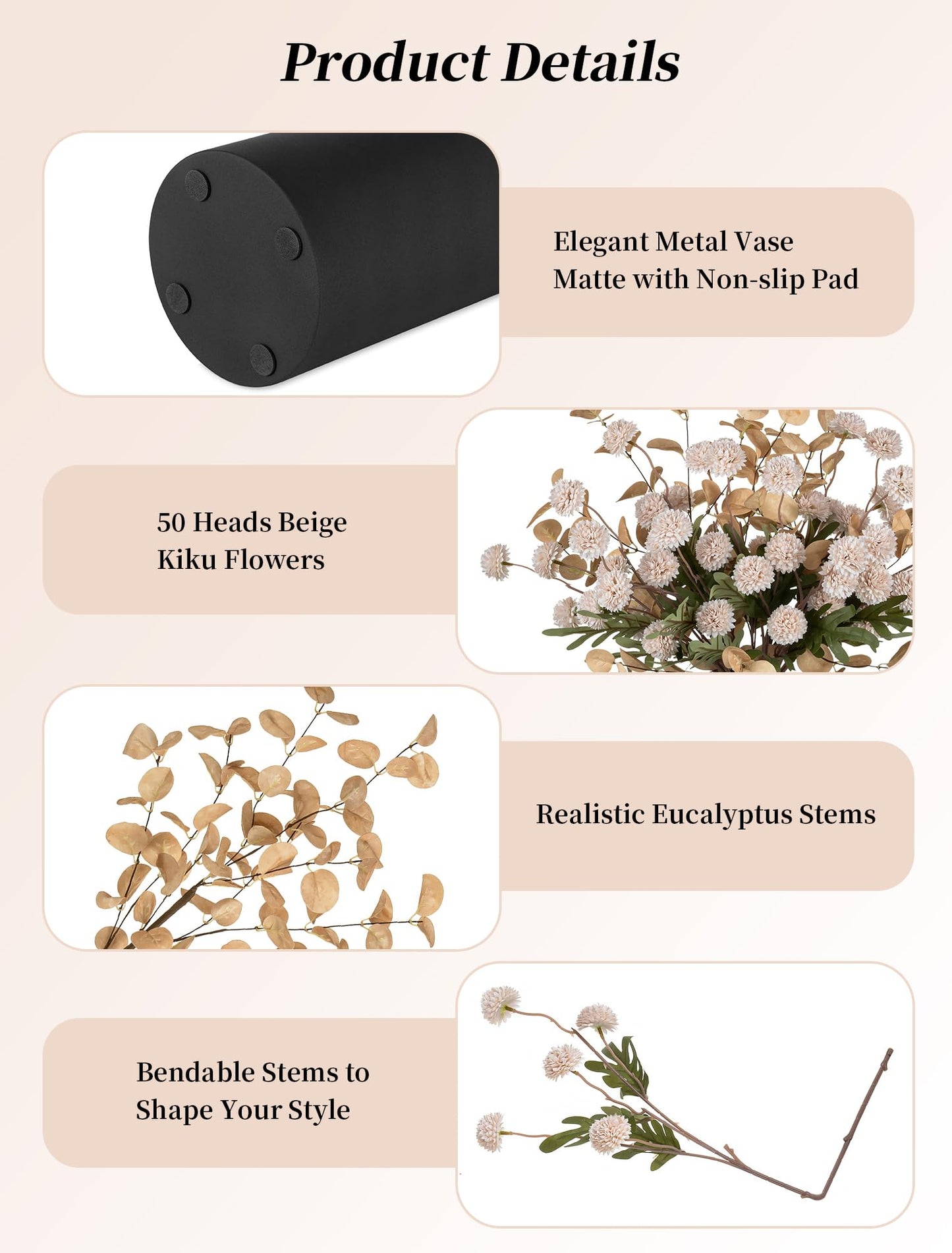 BLOSMON Fake Flowers Centerpieces for Tables: Gifts for Women Metal Vase with 12 Stems of Artificial Mums Kiku Eucalyptuses for Dining Room - Beige Faux Floral Arrangements in vase for Mothers Day
