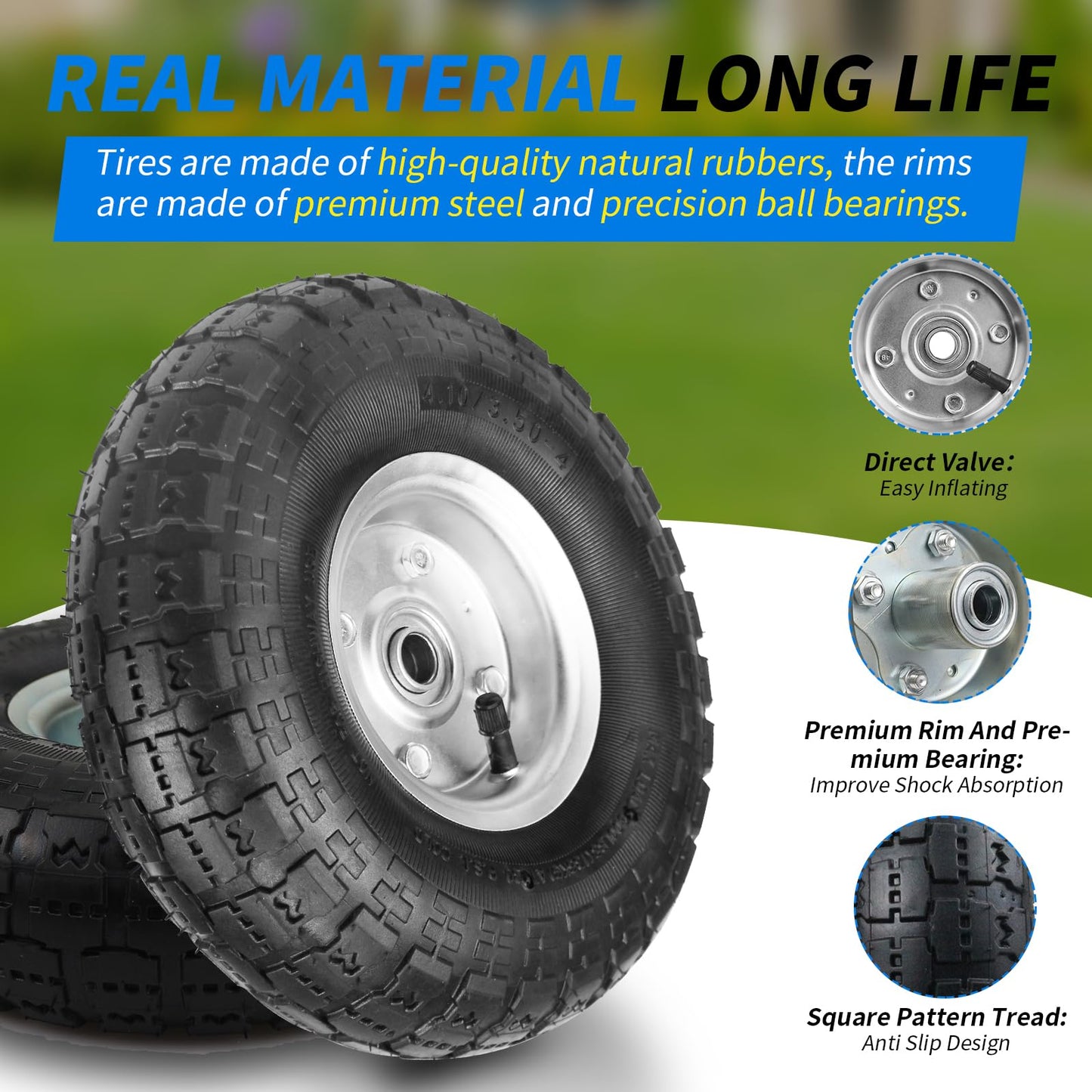 (2 Pack) RRQ 10 Inch Pneumatic Wheel 4.10/3.50-4 Tire, 10" Pneumatic Wheels with 5/8" Bearings,2.2" Offset Hub for Garden Cart, Hand Truck, Lawn Cart, Mower