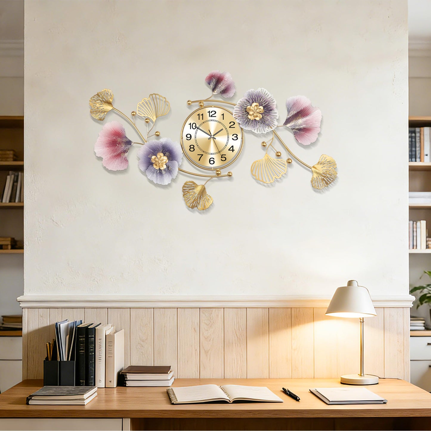 Axioglo Wall Clocks for Living Room Decor,Large Wall Clock,3D Creative Metal Ginkgo Leaf Design,with Silent Movement Wall Clocks for Home Wall Decor Clock（33"x18"）