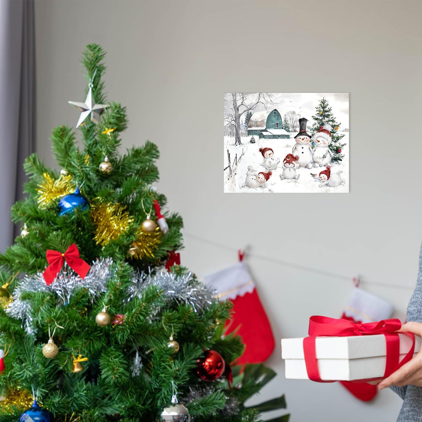 Snowman Christmas Pictures Wall Decor: Christmas Canvas Wall Art Winter Snowman Family Poster Blue Barn Prints Paintings Farmhouse Christmas Decorations for Home Bedroom Living Room 10" x 12"