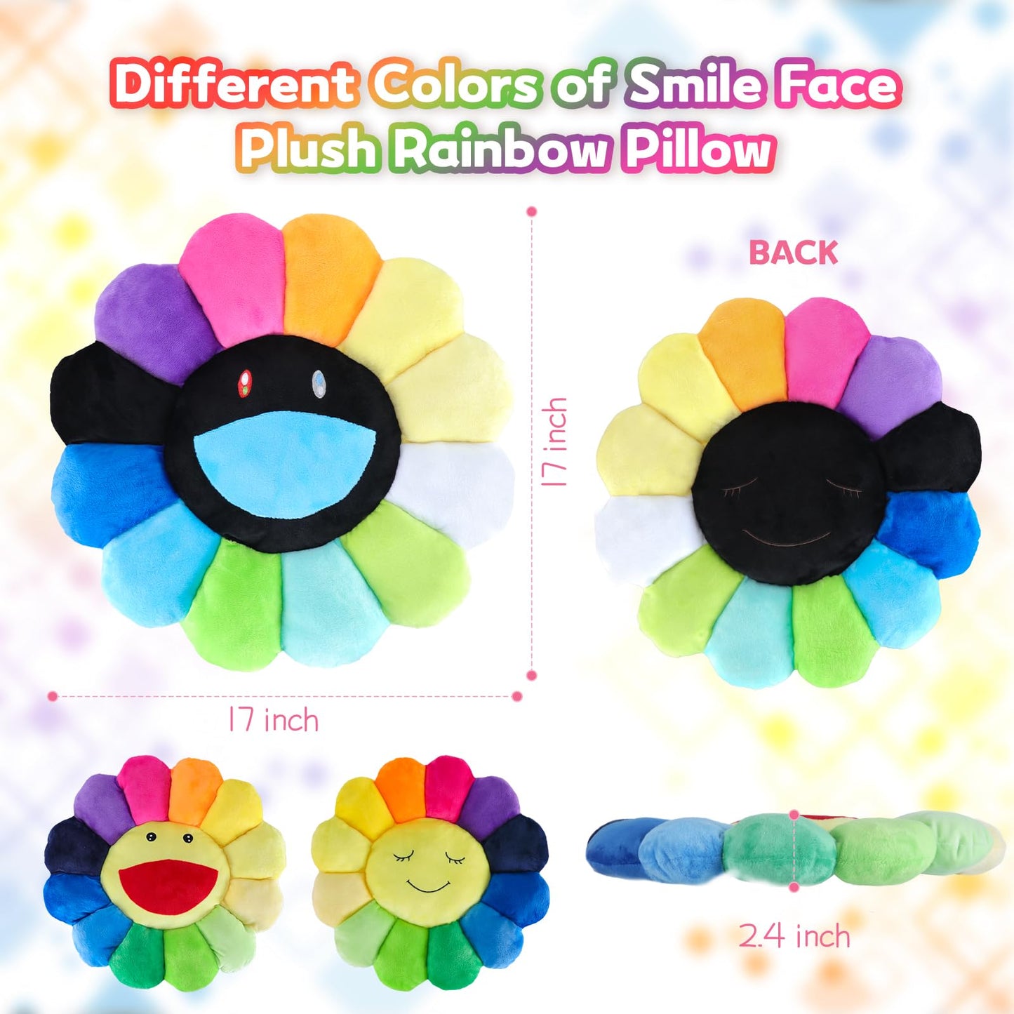 SNEPOO Smile Face Plush Rainbow Pillow, Sunflower Indie Decor Plush Pillow Soft & Comfortable Flower Floor Pillow for Home Reading Bed Room Decoration (40CM, Black and White)