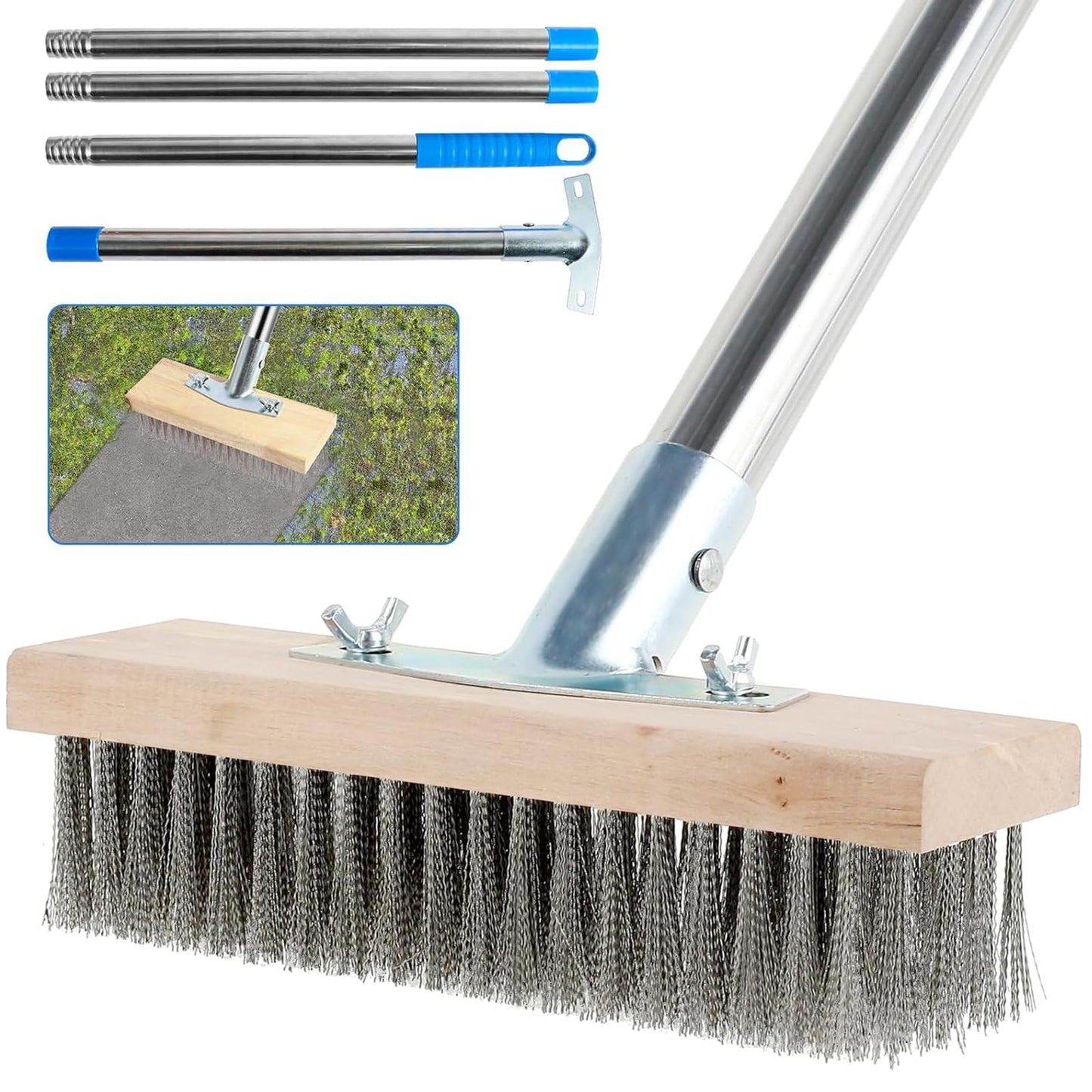 Stainless Steel Deck Brushes for Scrubbing Heavy Duty, 65" Deck Scrub Brush with Long Handle - Concrete Scrub Brush Stiff Metal Bristle Concrete Brush for Cleaning Moss Patio Garage Garden Pool Floor