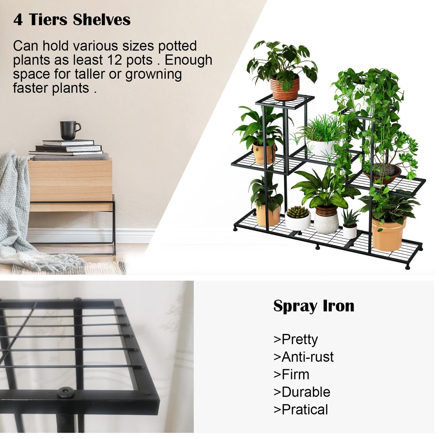 Twhep Metal Plant Stand, 5 Tiers Multifunctional Plant Stands for Indoor Plants, Decorative Black Steel Plant Shelf for Indoor Patio Garden Balcony and Yard (4 tiers 12 pots)