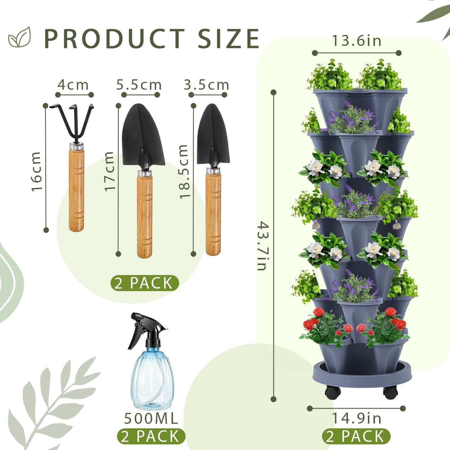 Umigy 2 Set of 7 Tier Vertical Planter Stackable Tower Planters Strawberry Herb Flower and Vegetable Pots Indoor Outdoor Gardening Pots with Removable Wheels and Tools(Dark Gray)