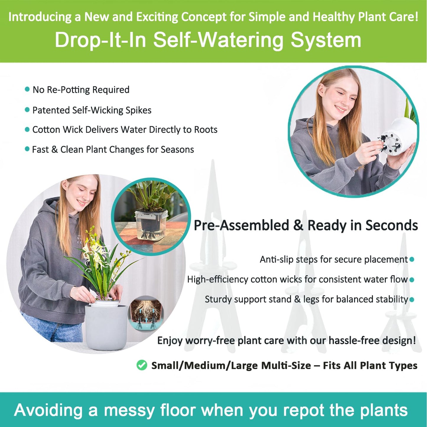 GreenShip 4 Pack Self Watering Planter Insert, Wick Spikes for Plants, Patented Plant Wicks for Self Watering, Plant Stakes for Indoor Outdoor Plants,Vacation Use(Medium for Height 12"-17" Planter)