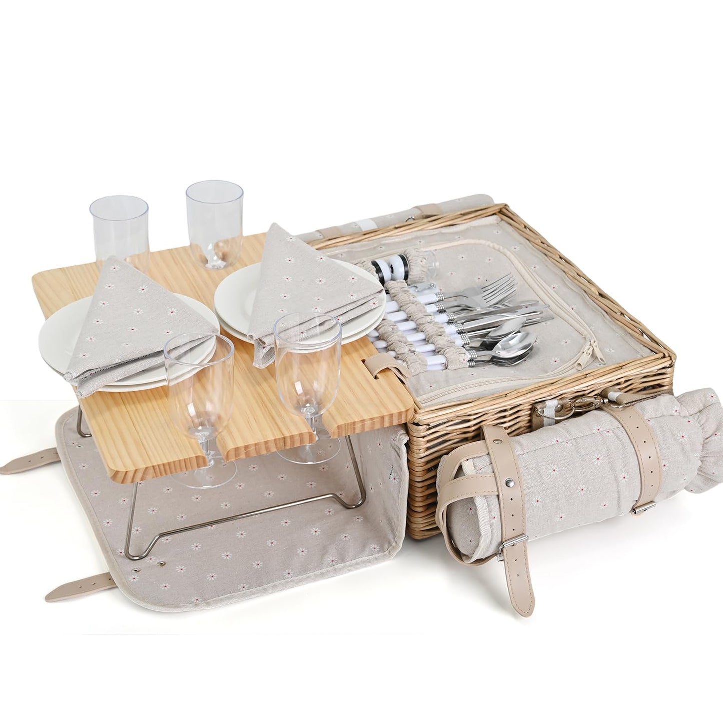 Multifunctional Wicker Picnic Basket Set for 4 with Blanket and Picnic Table, Insulated Picnic Set with Full Tablewares for Camping Outdoor Couples, Flowers