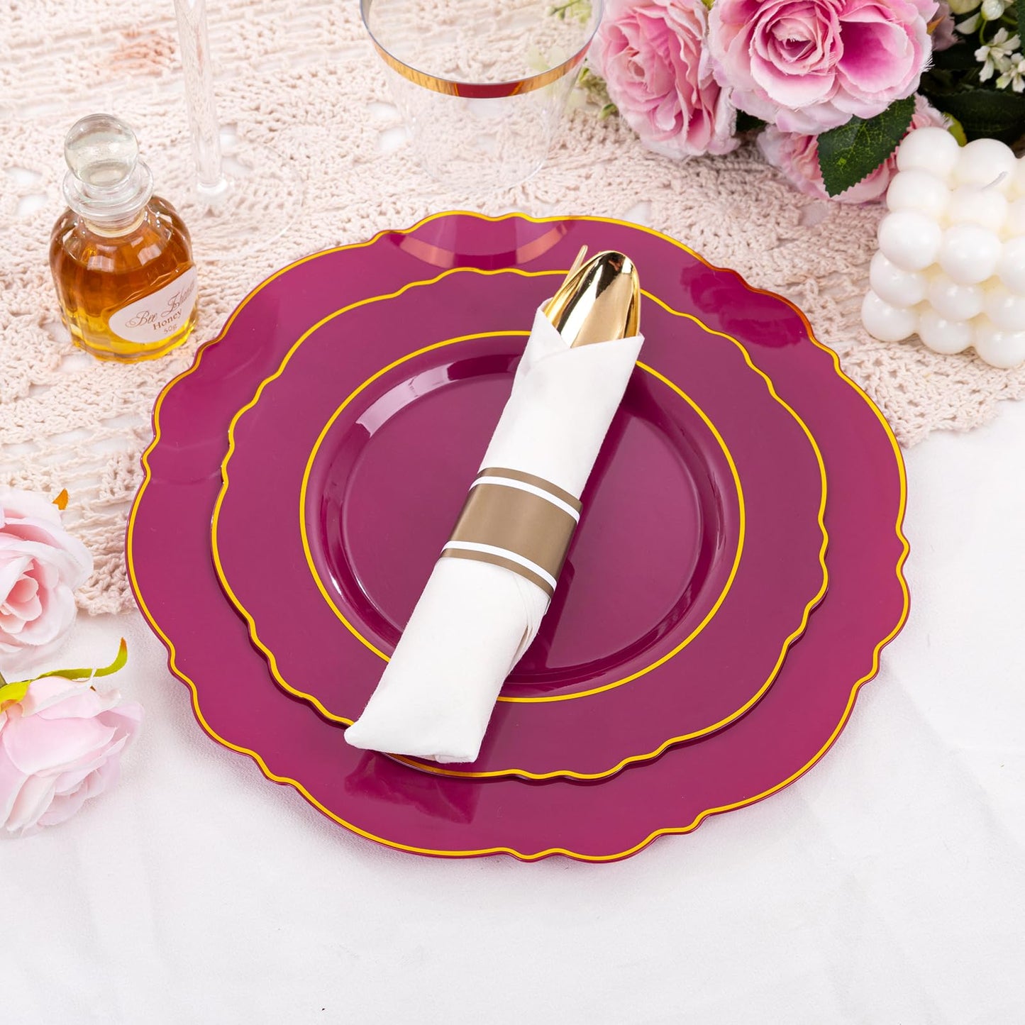 Liacere 350PCS Red Plastic Plates-Disposable Burgundy Red and Gold Plates 50guest Baroque Plastic Dinnerware include 100Plates, 50Pack Pre Rolled Napkins with Silverware 50Cups for Wedding&Mothers Day