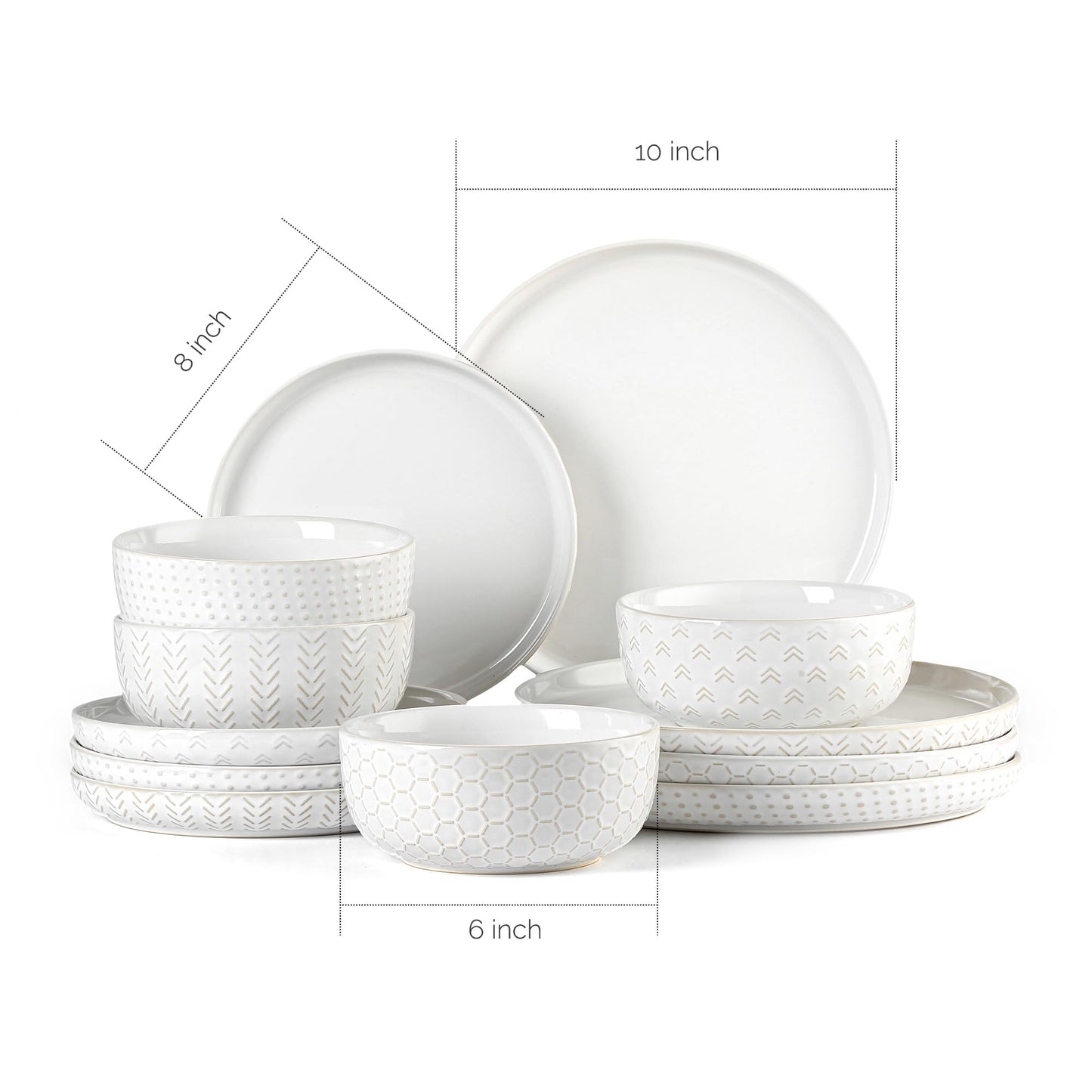 Stoneware Dinnerware Sets Service for 4, 12 pcs Reactive Glaze Plates and Bowls Sets, Embossed Boho Ceramic Dish Set, Highly Chip and Crack Resistant Farmhouse Plate Set, Ivory White