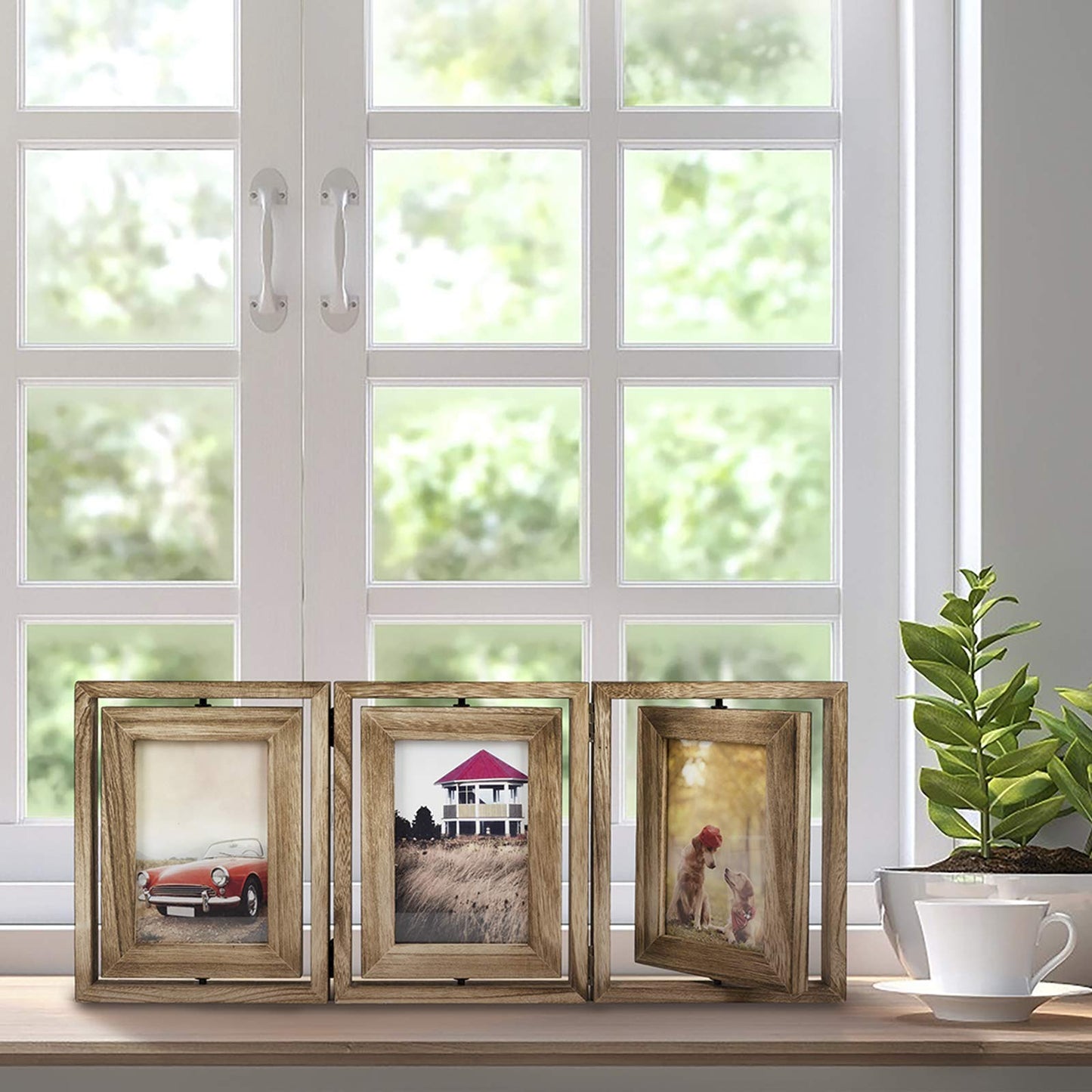 Emfogo 4x6 Picture Frame Rustic Wood Hinged Folding Triple Picture Frames Collage, Double-Sided Display Rotatable High Definition Glass Photo Frame for Home TableTop(Carbonized Black)