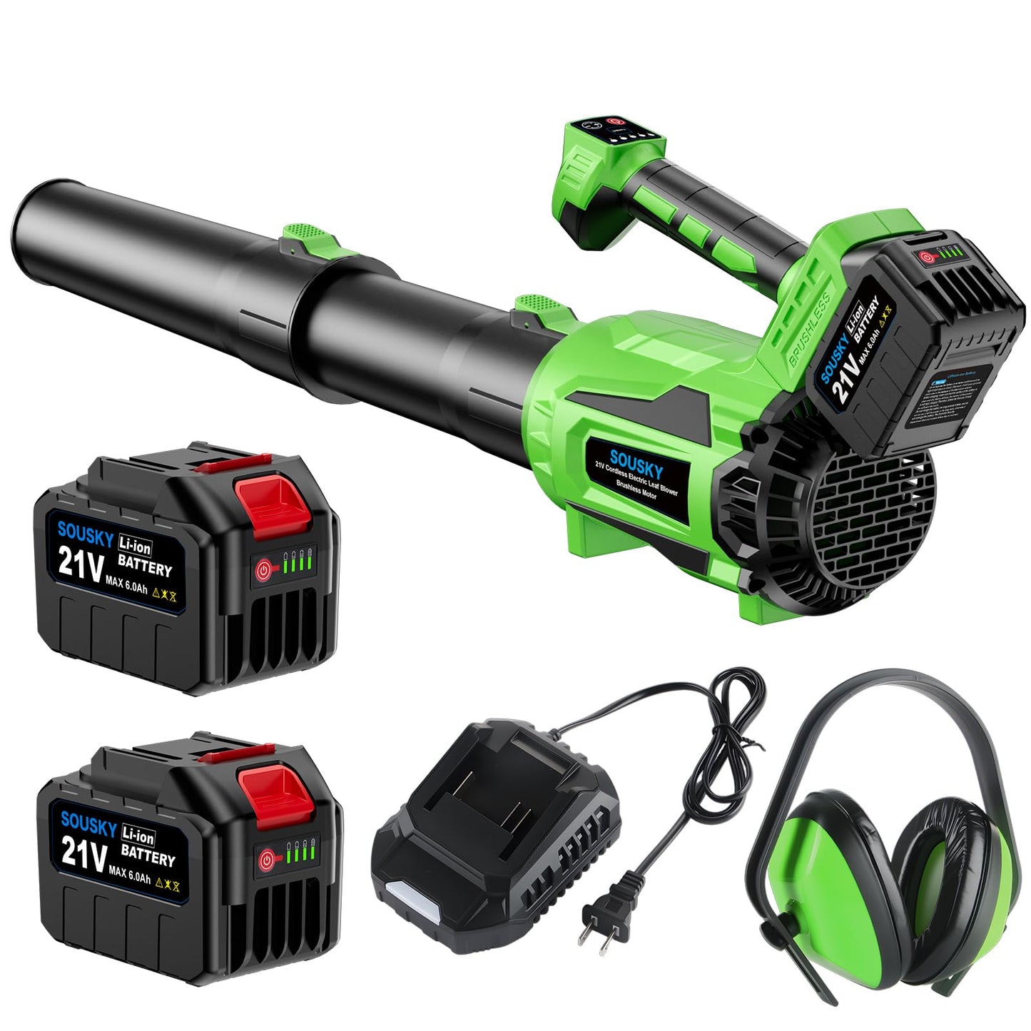 SOUSKY Leaf Blower Cordless, Battery Leaf Blower with 2 * 6.0Ah Batteries and Charger, 21V Brushless Electric Leaf Blowers with 5 Speed Levels and Turbo Mode for Lawn Care,Blowing Leaves,Yard Cleanup