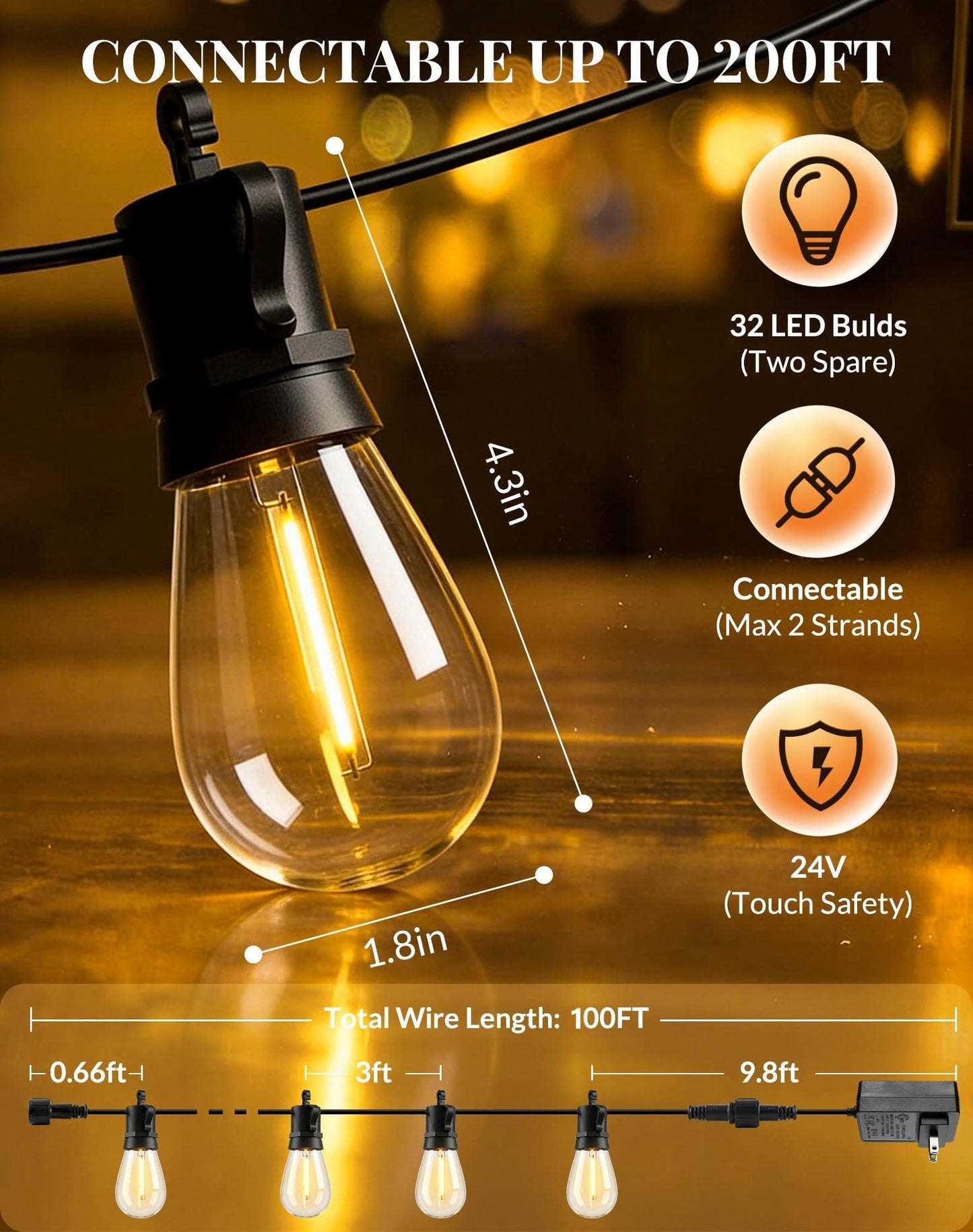 Outdoor String Lights LED Patio-Light - 100Ft Outside Waterproof Dimmable Porch Lights with Remote Shatterproof S14 Bulbs Outside Hanging Light Connectable Lighting for Gazebo Backyard Bistro Pergola