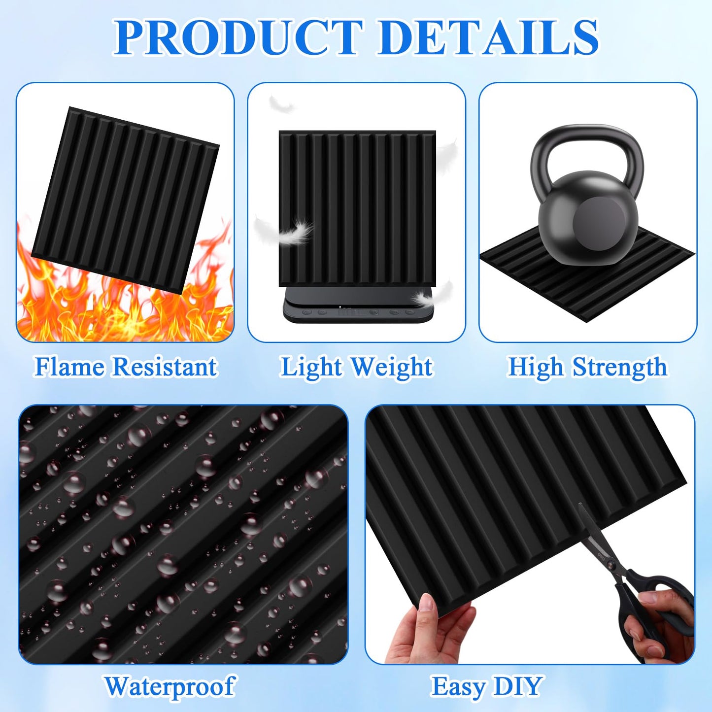 Nuanchu 32 Pcs 3D Slat Wall Panels, 12"x12" PVC Fluted Wall Paneling for Interior Decor, Paintable Waterproof Textured Tiles for Living Room TV Background Gaming Room, 32 Sq. ft Coverage (Black)