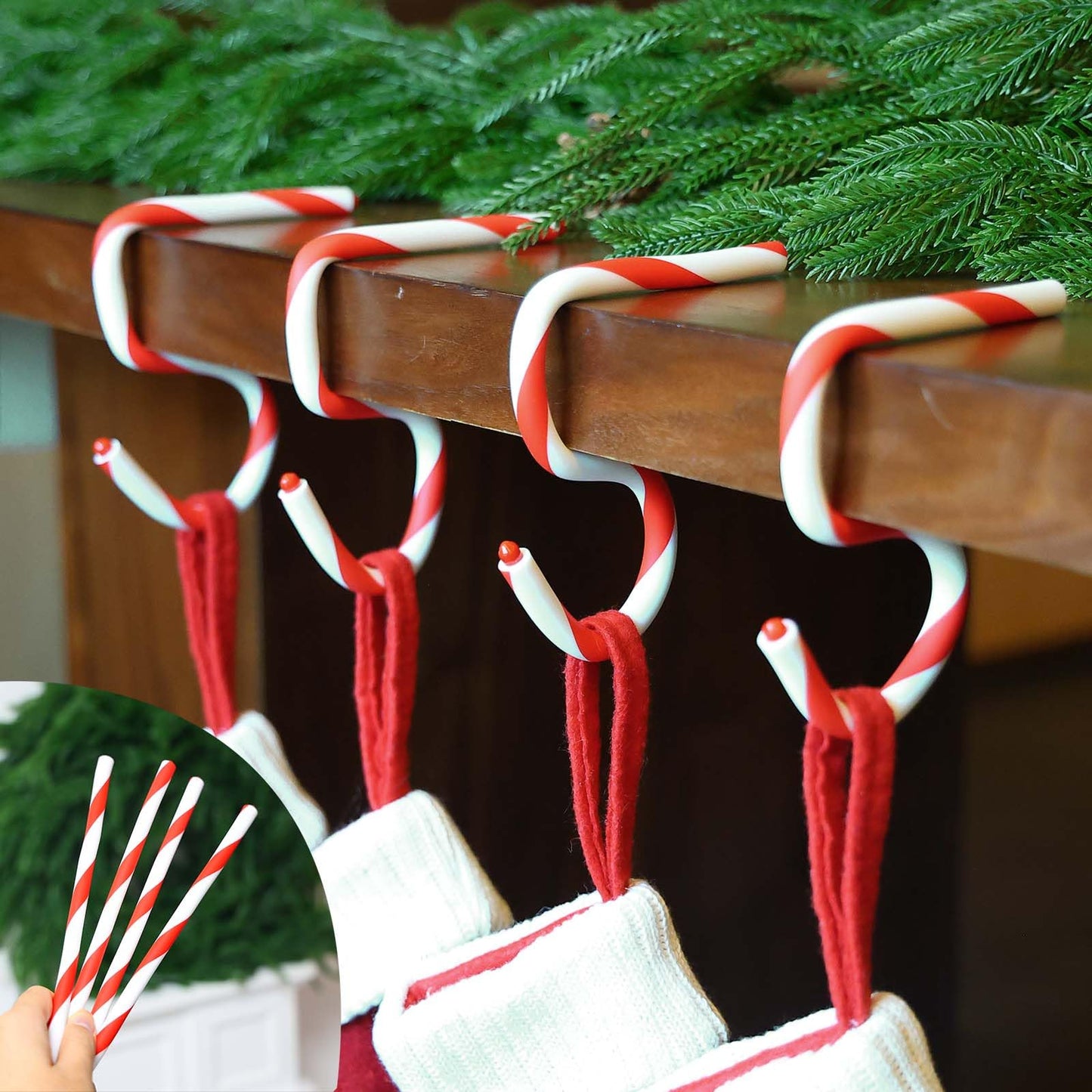 Tixiquns Bendable Stocking Holders for Mantle, Set of 4 Christmas Hooks Fireplace Stocking and Garland Hanger for Mantel, Non-Slip Adjustable Red and White Candy Cane Decor Xmas Decorations