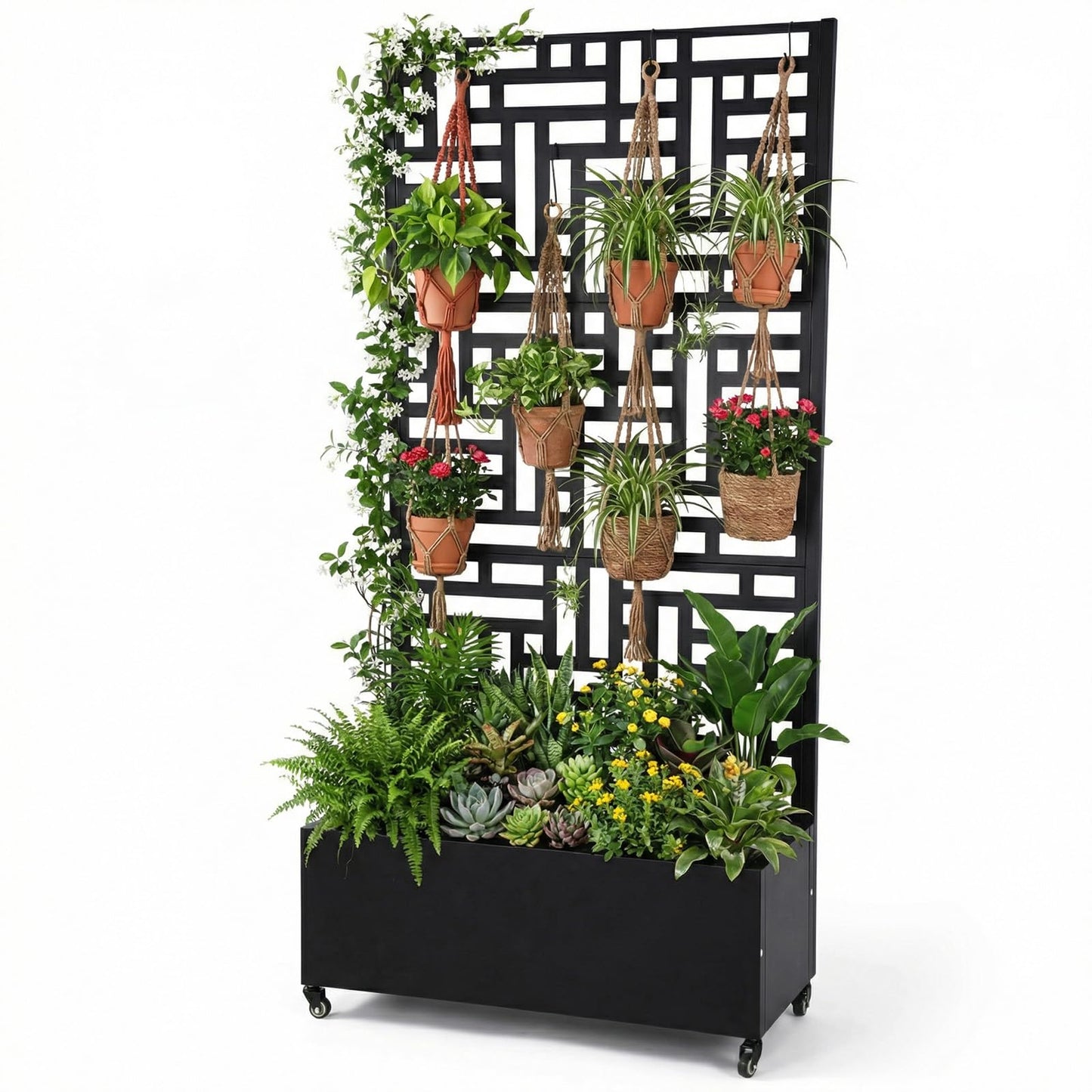 ASIEIT Metal Planter Box with Trellis Standing Planter Box for Climbing Plants/Vines Raised Garden Bed On Wheels 70.87x35.43x15.75 Inch (02)