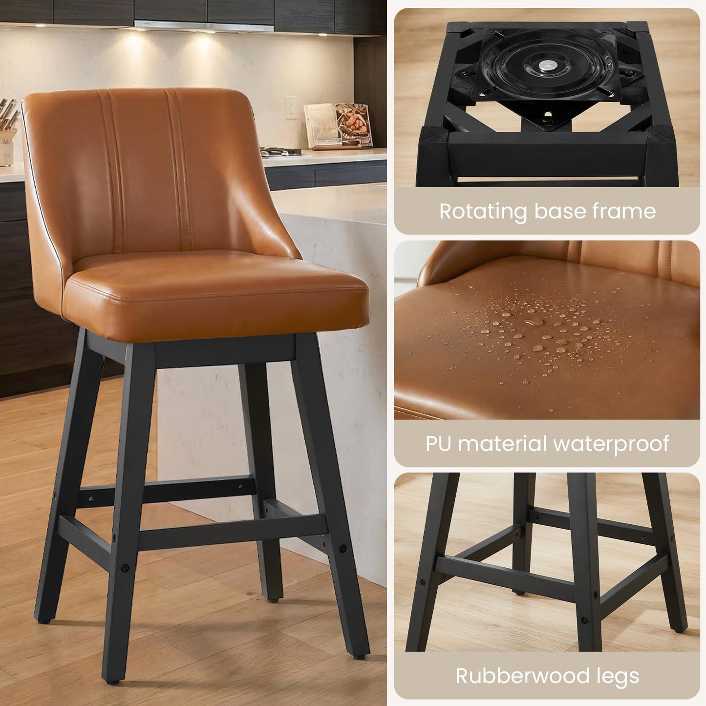kinmars 27'' Counter Height Bar Stools Set of 4, Swivel Bar Stools with Backs, Modern Faux Leather Bar Stools for Kitchen Island, Solid Wood Legs, Adjustable Feet (PU - Brown, Set of 4-27" H)
