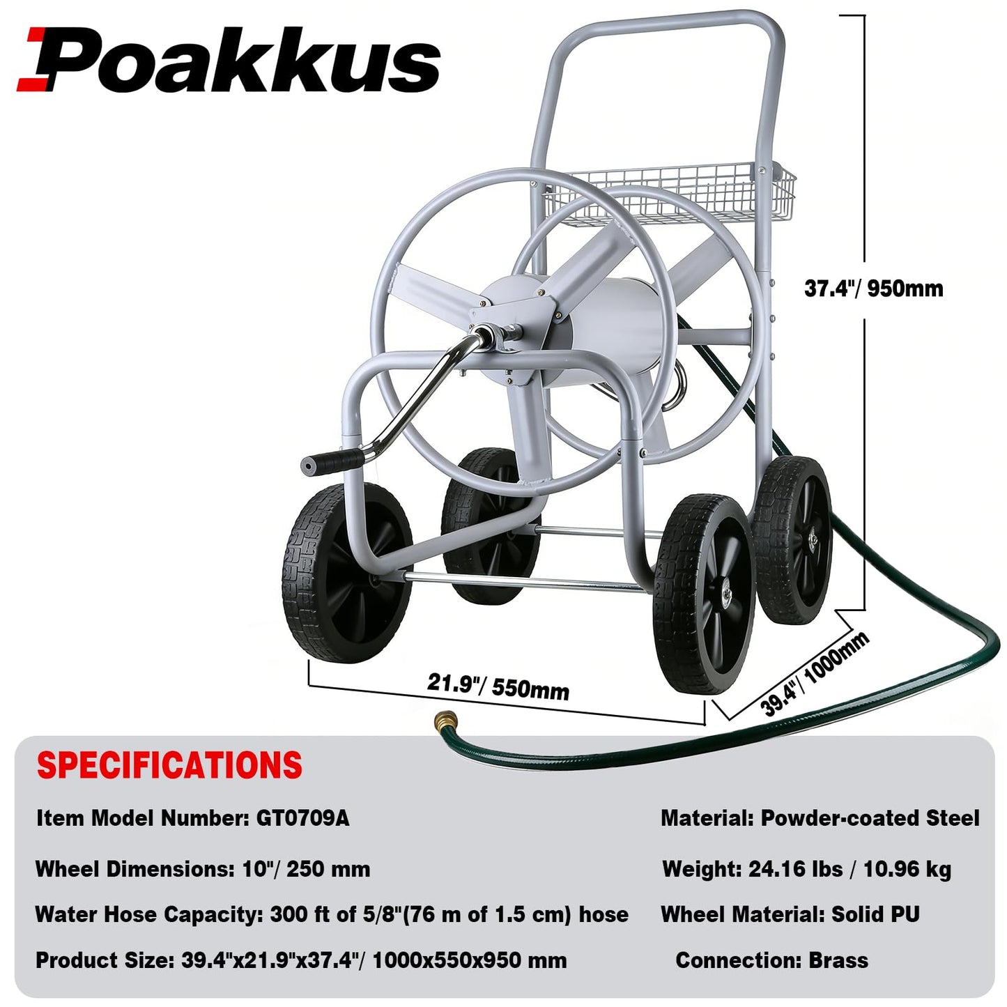 Hose Reel Cart, 300FT of 5/8’’ Hose, Heavy-Duty Water Hose Cart with 4 Wheels, Storage Basket, Portable Water Hose Organizer for Outside Yard, Outdoor Planting Tool (Sliver)