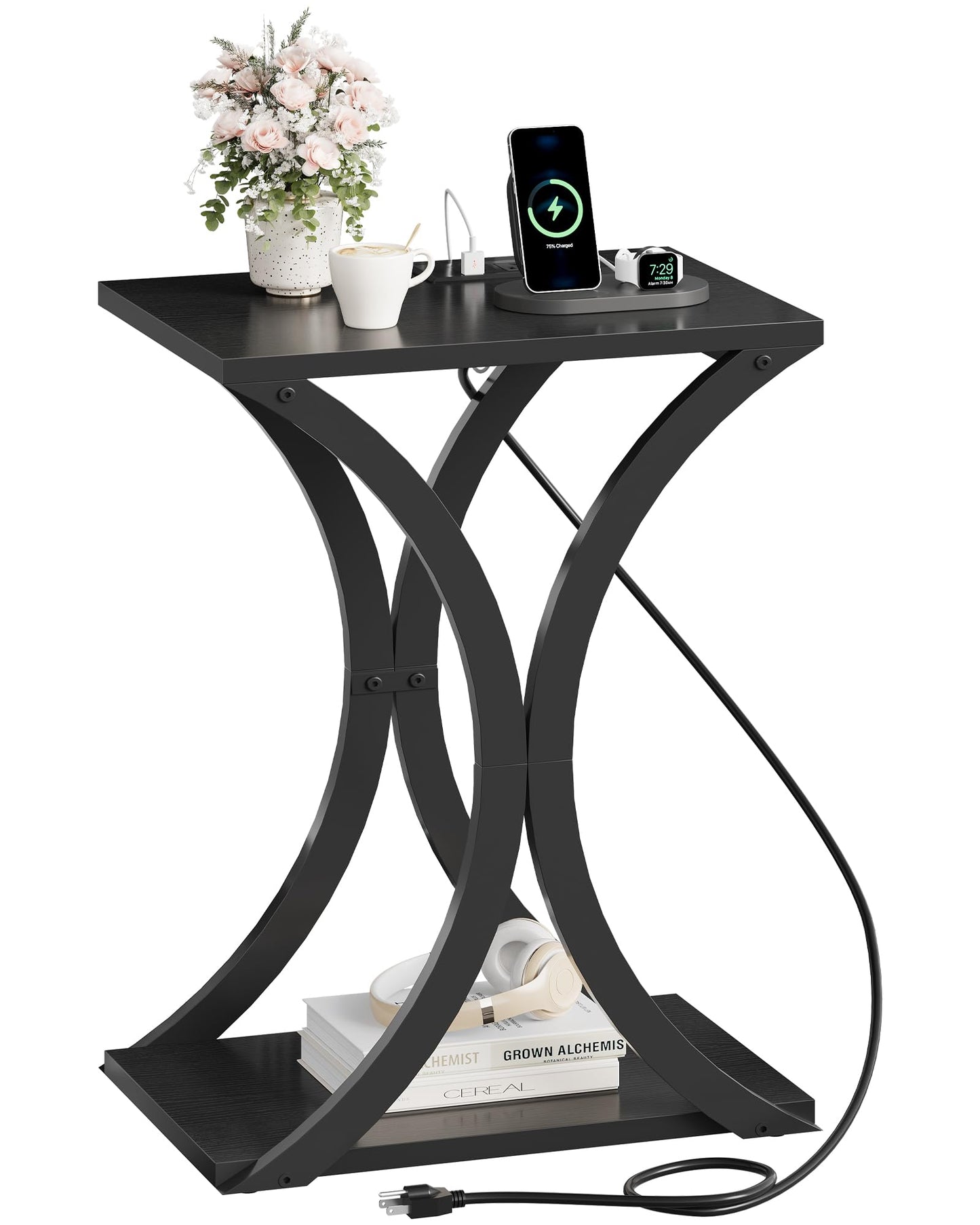 CHOEZON End Table with Charging Station, 2-Tier Modern Side Table, Nightstand with Storage Shelf, for Small Spaces, for Living Room, Bedroom, Black TBZ20UBB