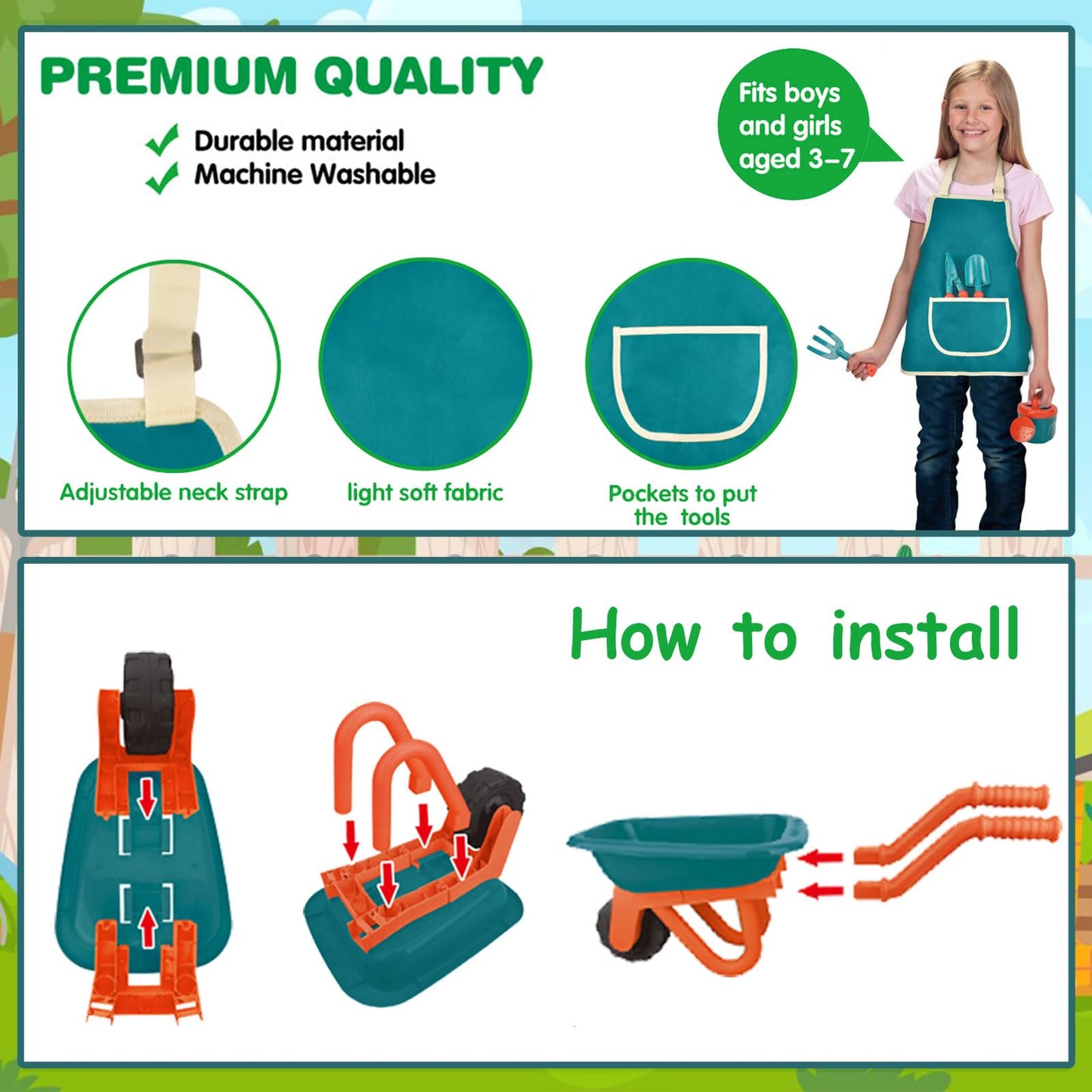 unanscre Gardening Tool Set for Kids, with Toddler Wheelbarrow, Watering Can, Spray Bottle, Double Rake, Shovel, Trowel, Pruner, Flowers Kit, Apron, Pretend Play Garden Toys for Age3+ Outdoor Yard