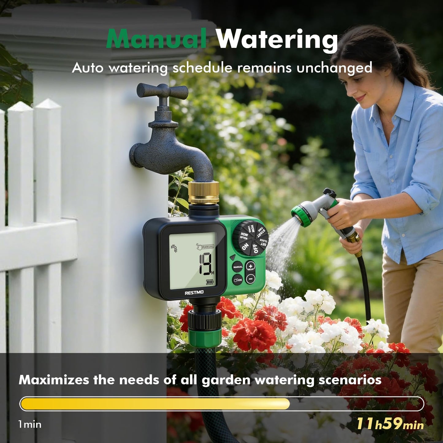 RESTMO Oversized LCD Sprinkler Timer for Outdoor Hose Faucet, Up to 11h59m Programmable Watering Timer for Soaker Hose, Filling, Misting with Brass Inlet, Rain Delay/Manual/Automatic Irrigation System