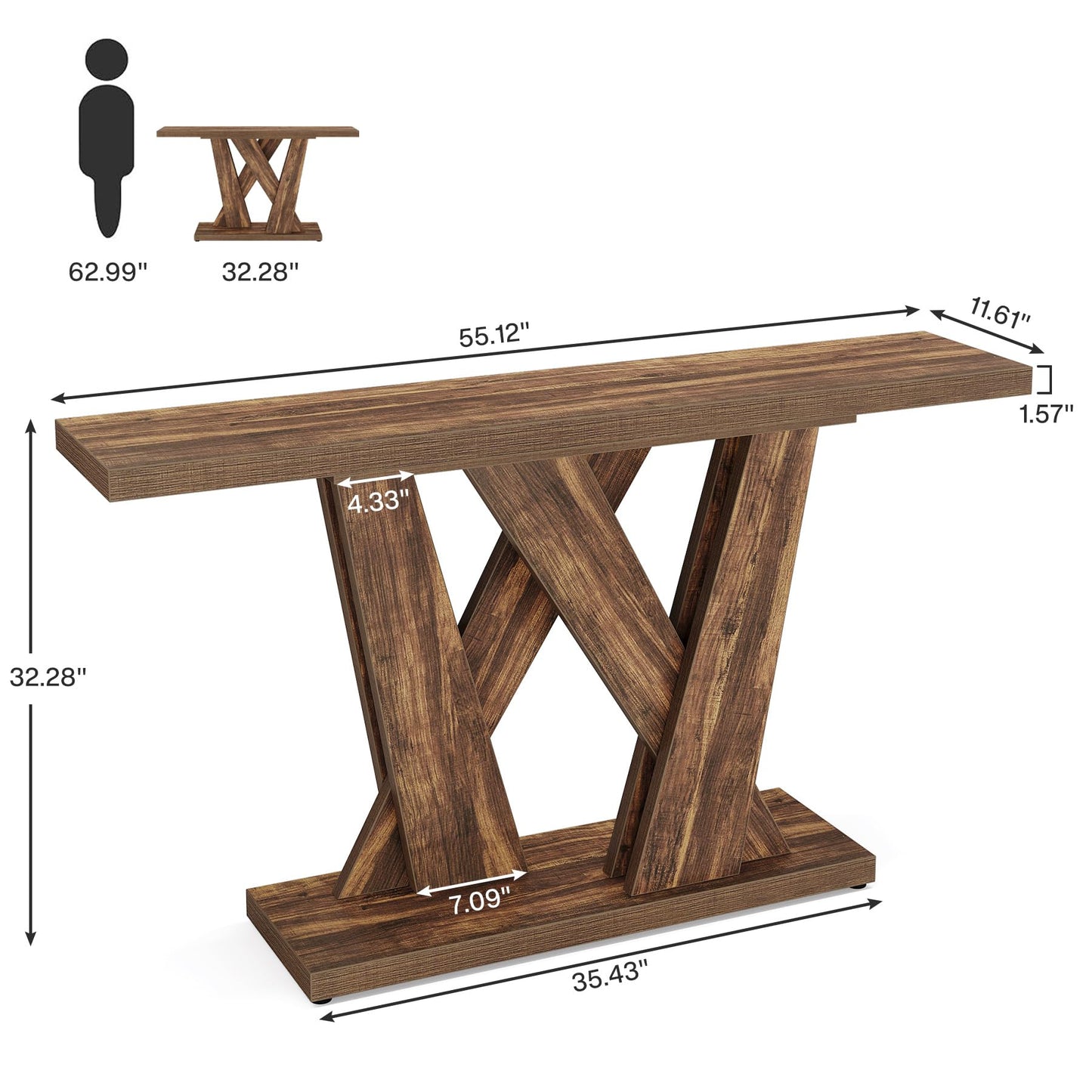 Tribesigns 55-Inch Farmhouse Console Table, Farmhouse Behind The Couch Table TV Stand with Geometric Base, Skinny Sofa Table Entryway Table for Entrance, Living Room, Hallway, Foyer, Rustic Brown