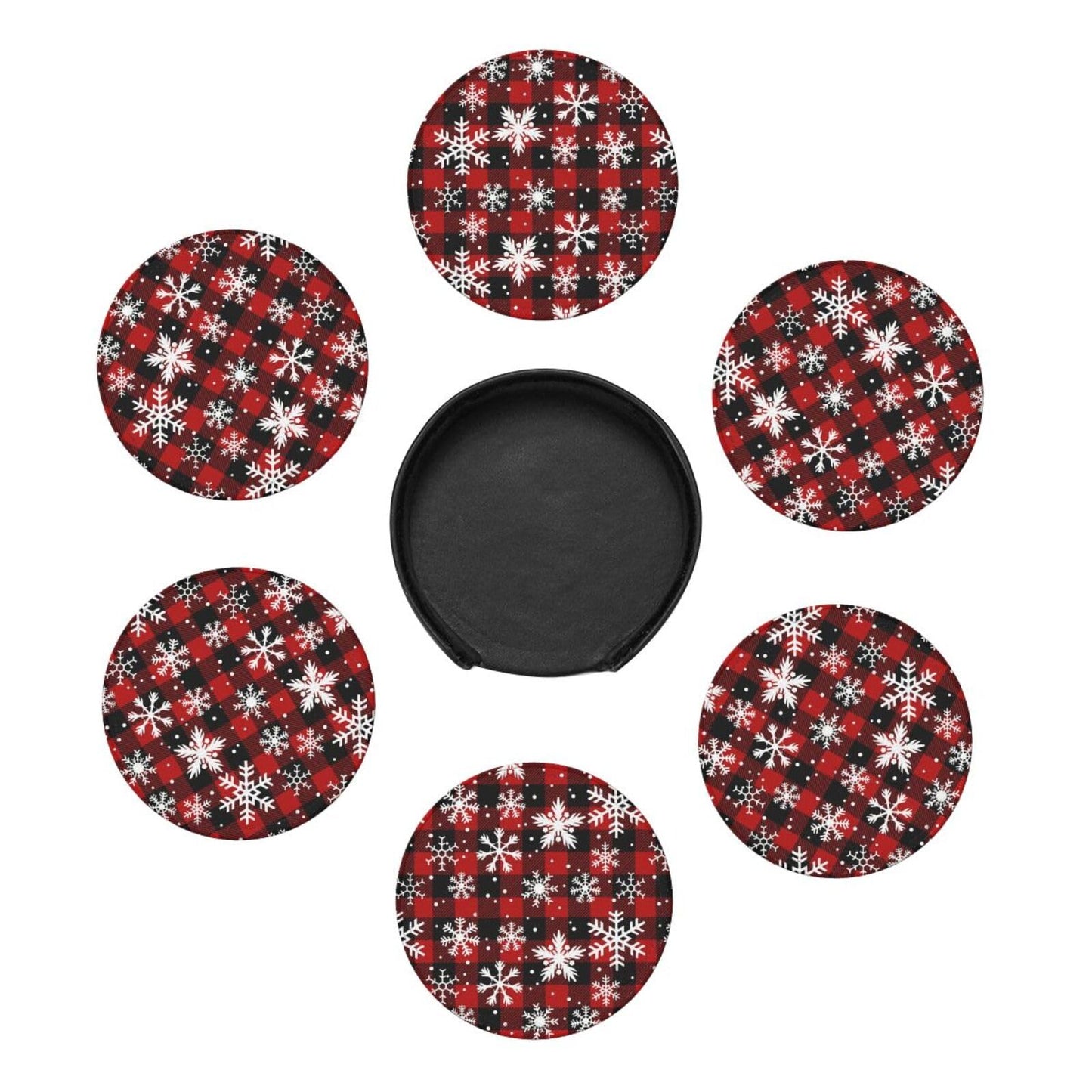 6 Pcs Christmas Coasters for Women Men, 4 Inch Xmas Red Plaid Coaster with Holder for Home Kitchen Office Table Decor