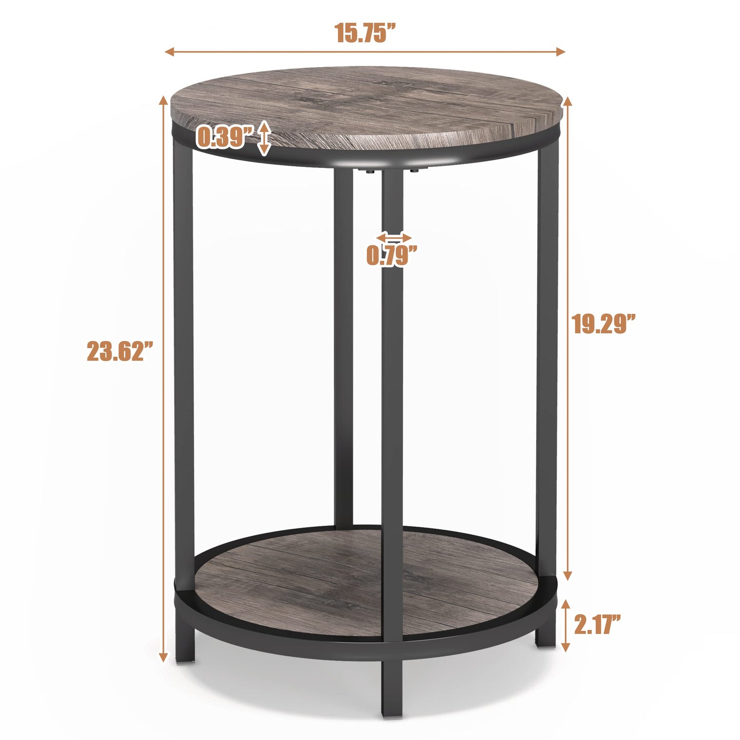 NSdirect Round Side Table,16in Rustic Wooden End Table Surface Top & Sturdy Metal Legs Nightstand for Living Room Bedroom Farmhouse Sofa Table with Storage Open Shelf,Light Walnut