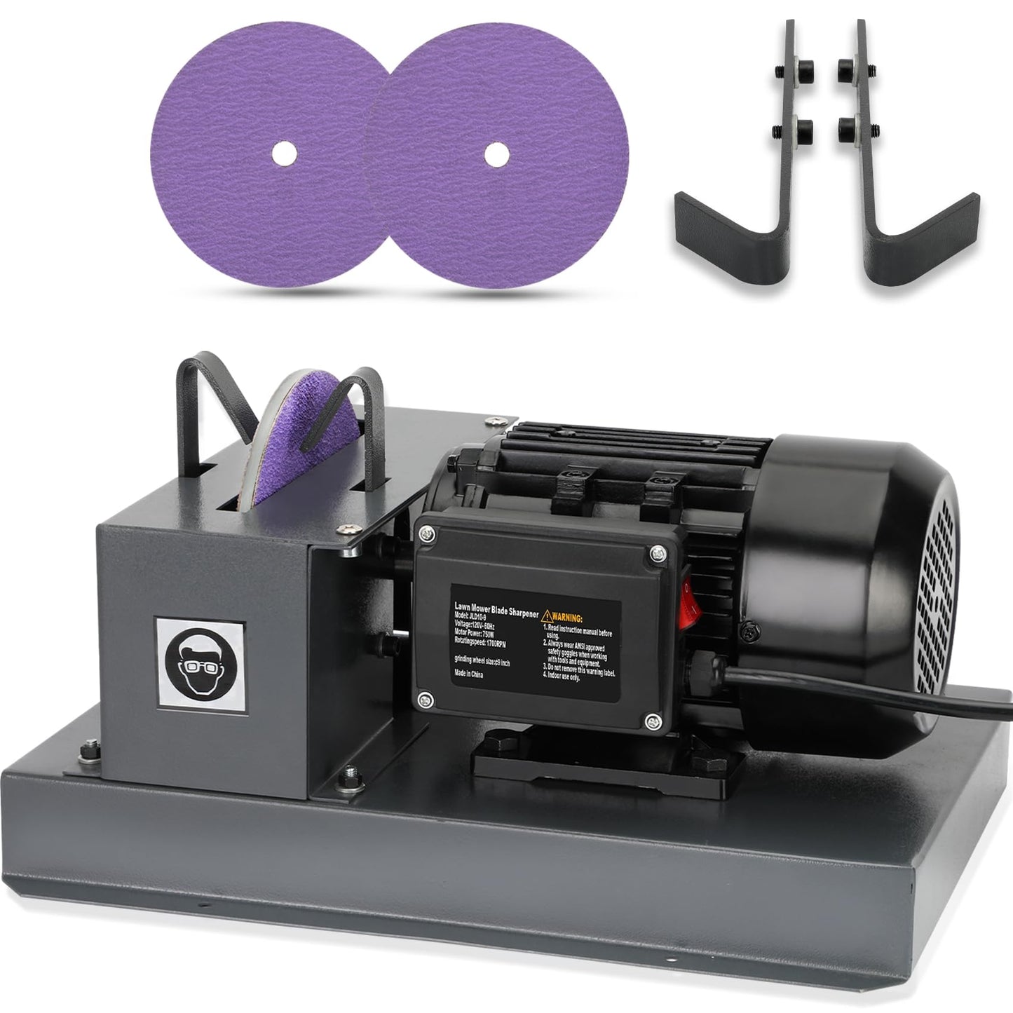 2026 Upgrade Lawn Mower Blade Sharpener, 1HP 750W Mower Grinder with 9-inch Ceramic Grinding Disc, 2 Pack-9'' Sanding Paper and 40° Bracket for High/Low Lift, Gator & Flat Blades Sharpen