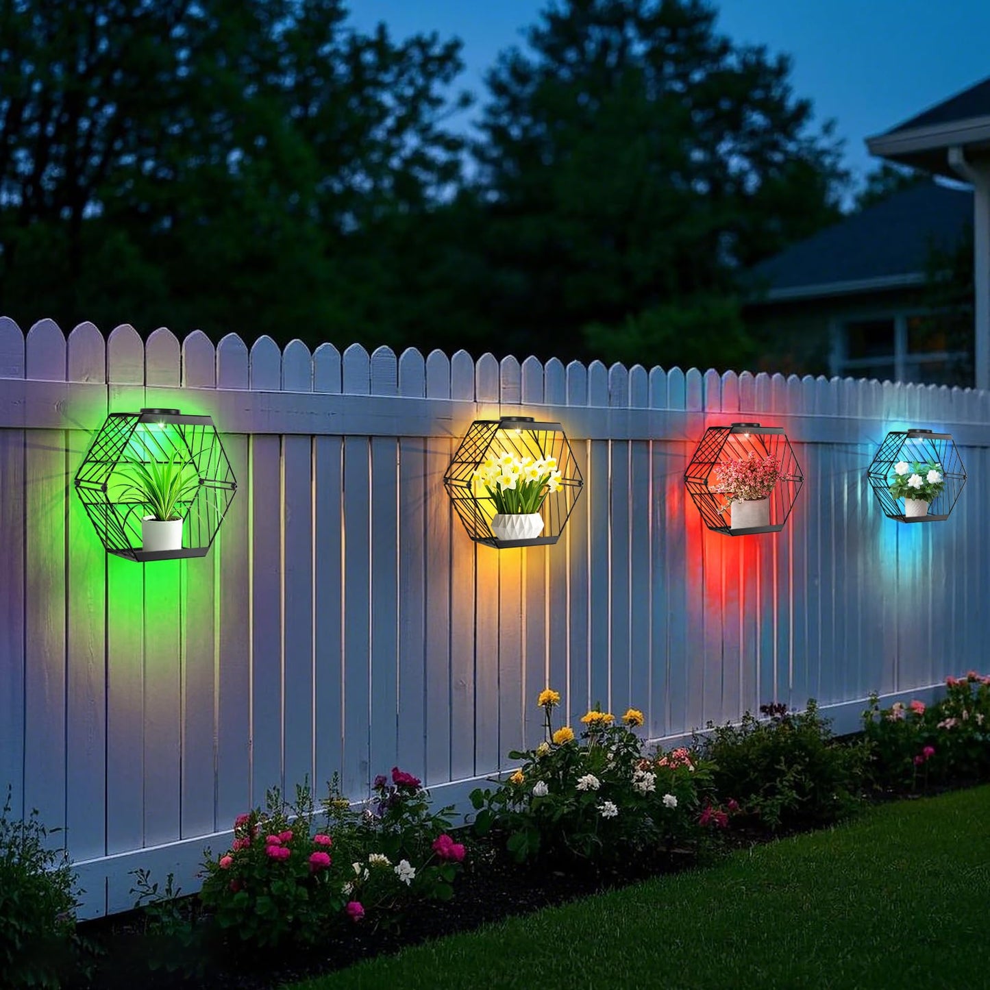 GOESWELL Wall Plant Holder with Solar Light: Outdoor Waterproof Wall Lamp Metal Plant Stand Decor for Garden Yard Porch Patio Balcony Fence