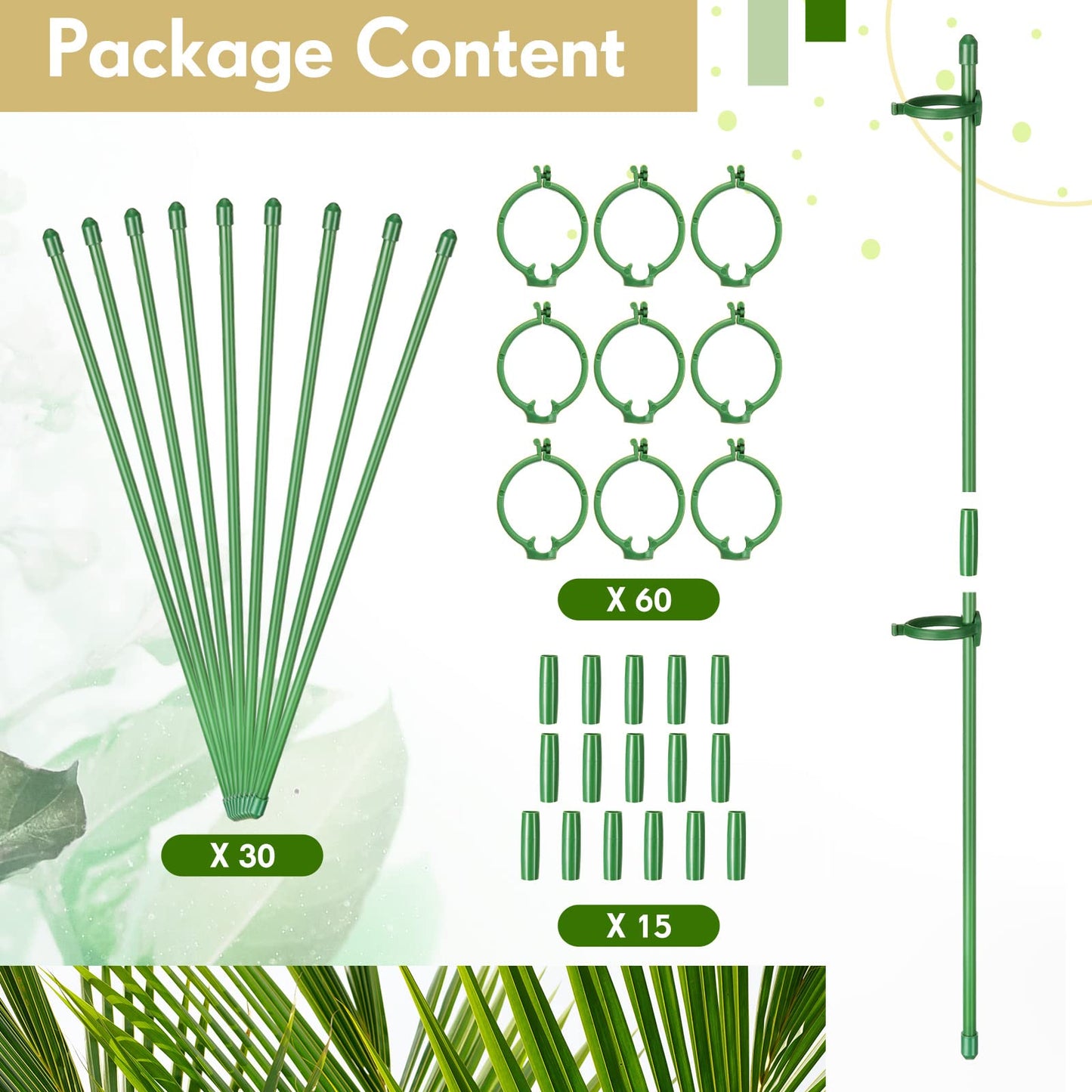 meekoo 30 Pcs Adjustable Garden Plant Support Stakes Single Stem Plant Cage Support Rings with Clips and Connect Pipe for Orchid Rose Tomato, 12 Inch (Green)