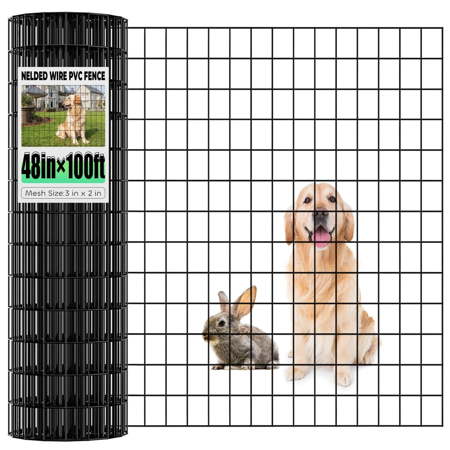 Garden Fence Black PVC Coated Welded Wire Fencing 48 Inch x 100 Foot, 2 Inch x 3 Inch 16GA, Garden Border Fencing Roll Vinyl Coating Metal Wire Mesh for Yard Vegetable Plant Protection Poultry Netting